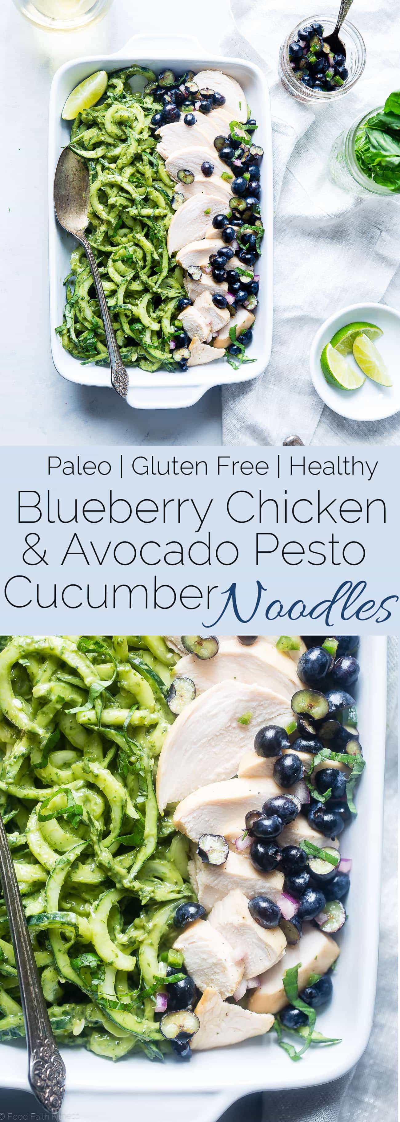 Blueberry Honey Lime Chicken with Avocado Pesto Cucumber Noodles - A light and healthy, gluten free and paleo friendly spring dinner that everyone will love! So easy to prepare! | Foodfaithfitness.com | @FoodFaithFit