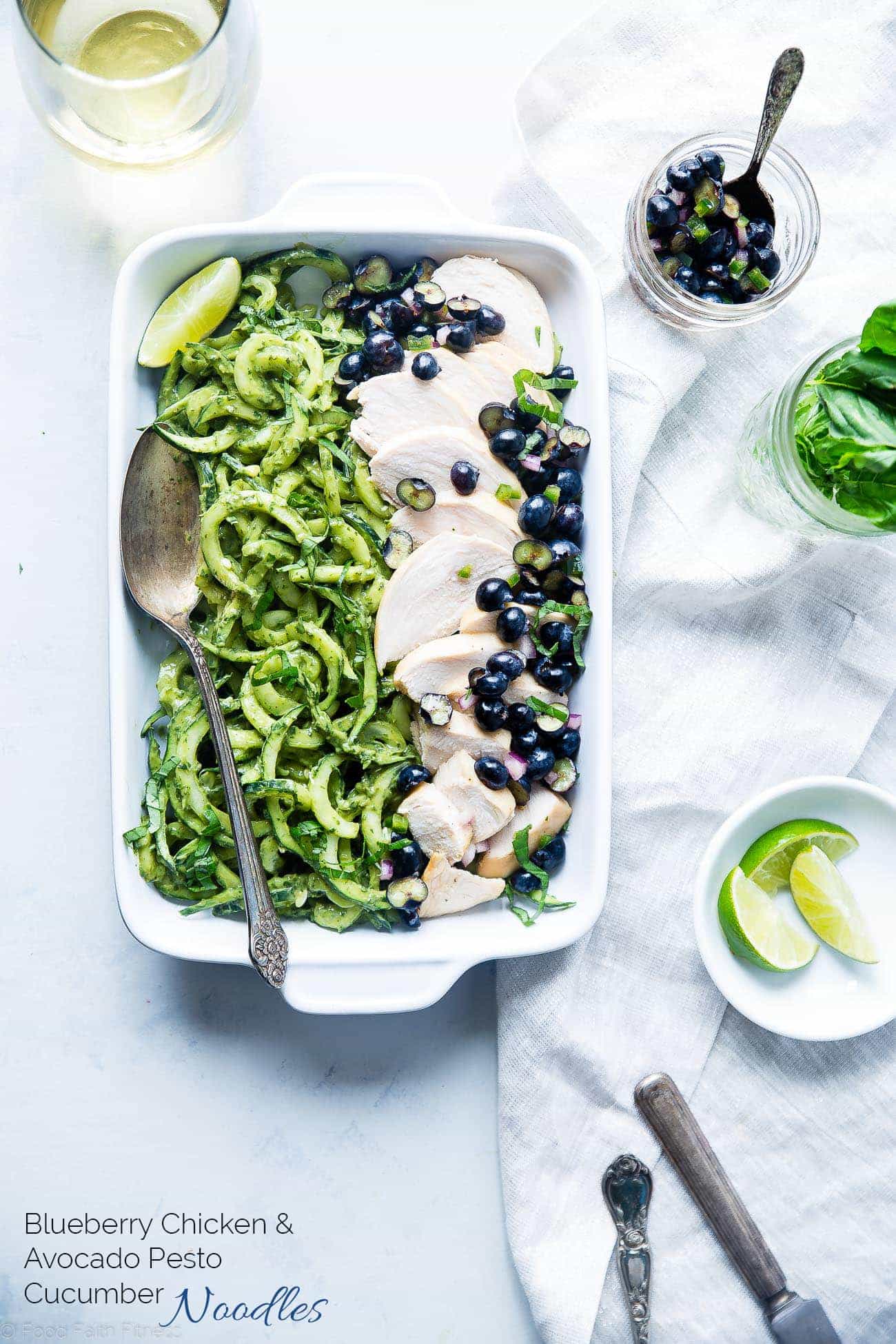 Blueberry Honey Lime Chicken with Avocado Pesto Cucumber Noodles - A light and healthy, gluten free and paleo friendly spring dinner that everyone will love! So easy to prepare! | Foodfaithfitness.com | @FoodFaithFit