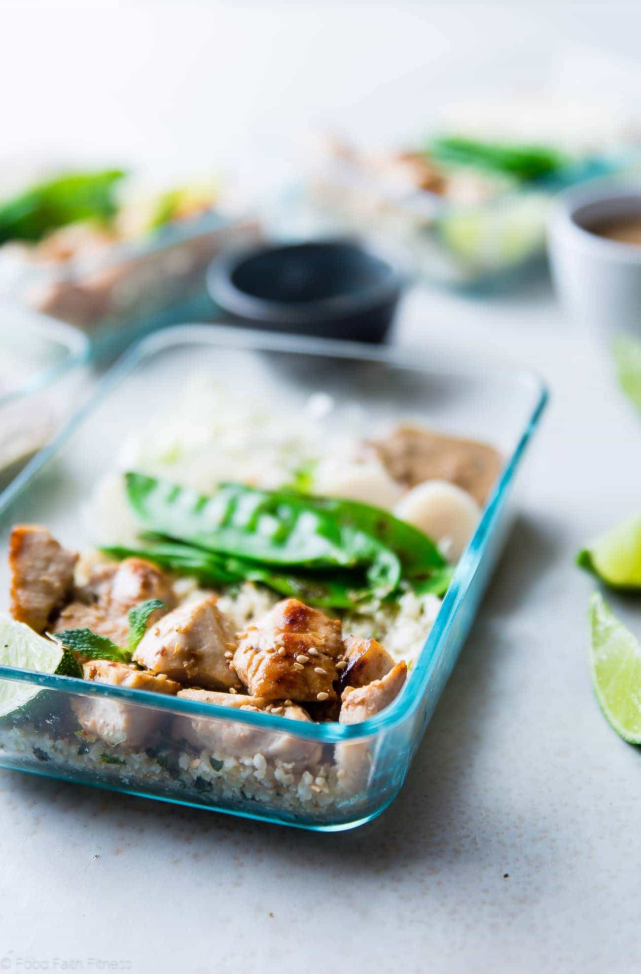 Chicken Satay Meal Prep Bowls - These meal prep bowls are a healthy, gluten free make-ahead meal that's perfect for work days! They're protein packed and lower carb to keep you full! | Foodfaithfitness.com | @FoodFaithFit