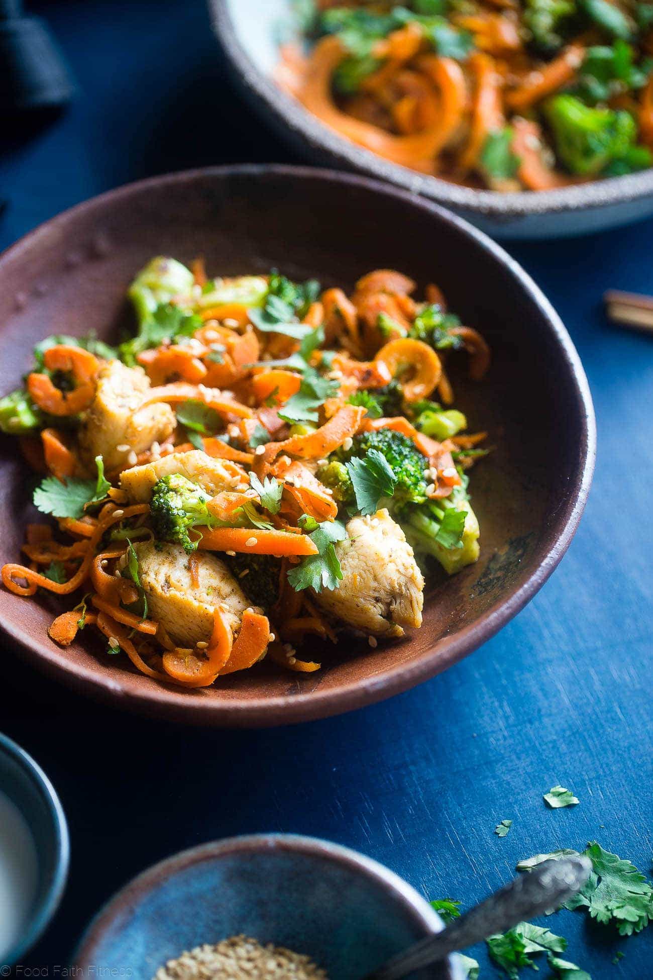 Whole30 Chicken Stir Fry with Cumin Coconut Carrot Noodles - This gluten free, low carb chicken stir fry has creamy coconut, coriander and cardamom! Add broccoli and carrot noodles for a quick and easy, paleo weeknight dinner! | Foodfaithfitness.com | @FoodFaithFit