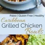 Collage image of Caribbean Chicken Bowls. Recipe on Foodfaithfitness.com