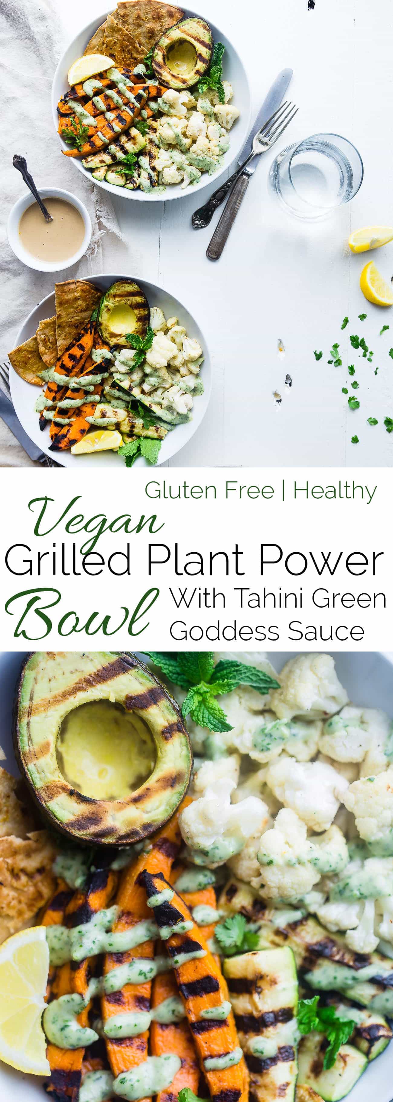 Vegan Grilled Plant Power Bowl - Loaded with tahini grilled avocado, cauliflower, sweet potatoes and zucchini to make a healthy, dairy and gluten free summer meal! Perfect for Meatless Monday! | Foodfaithfitness.com | @FoodFaithFit