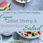 Collage image of watermelon feta salad with Cajun shrimp. Recipe on Foodfaithfitness.com