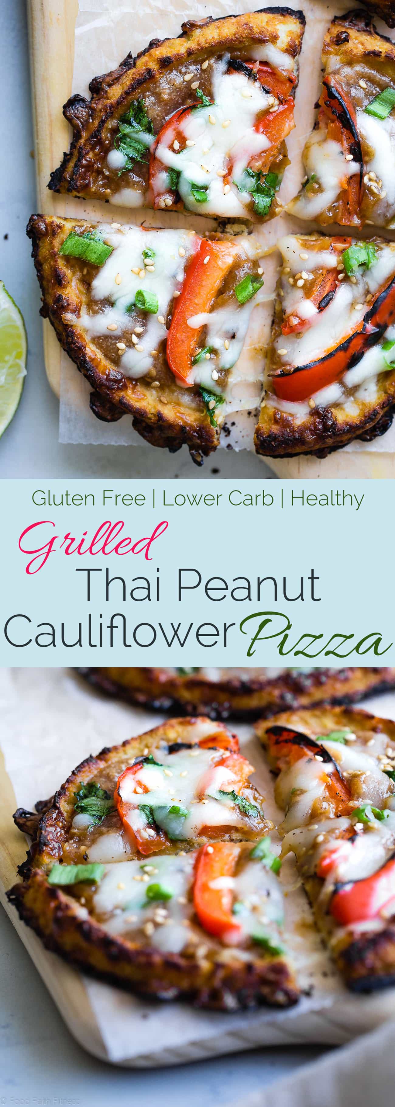 Collage image of Thai cauliflower pizzas. Recipe on Foodfaithfitness.com