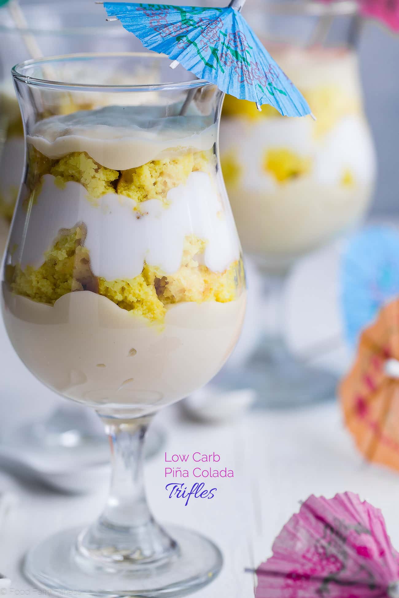  Low Carb Pina Colada Trifles - These gluten free pineapple cake trifles have layers of rum soaked cake, dairy free pudding and coconut whipped cream. They're a low carb dessert for the Summer! | Foodfaithfitness.com | @FoodFaithFit
