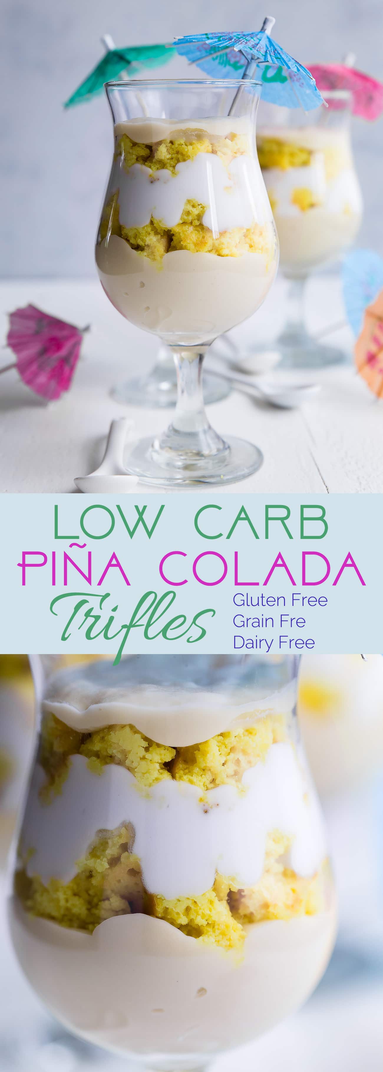  Low Carb Pina Colada Trifles - These gluten free pineapple cake trifles have layers of rum soaked cake, dairy free pudding and coconut whipped cream. They're a low carb dessert for the Summer! | Foodfaithfitness.com | @FoodFaithFit