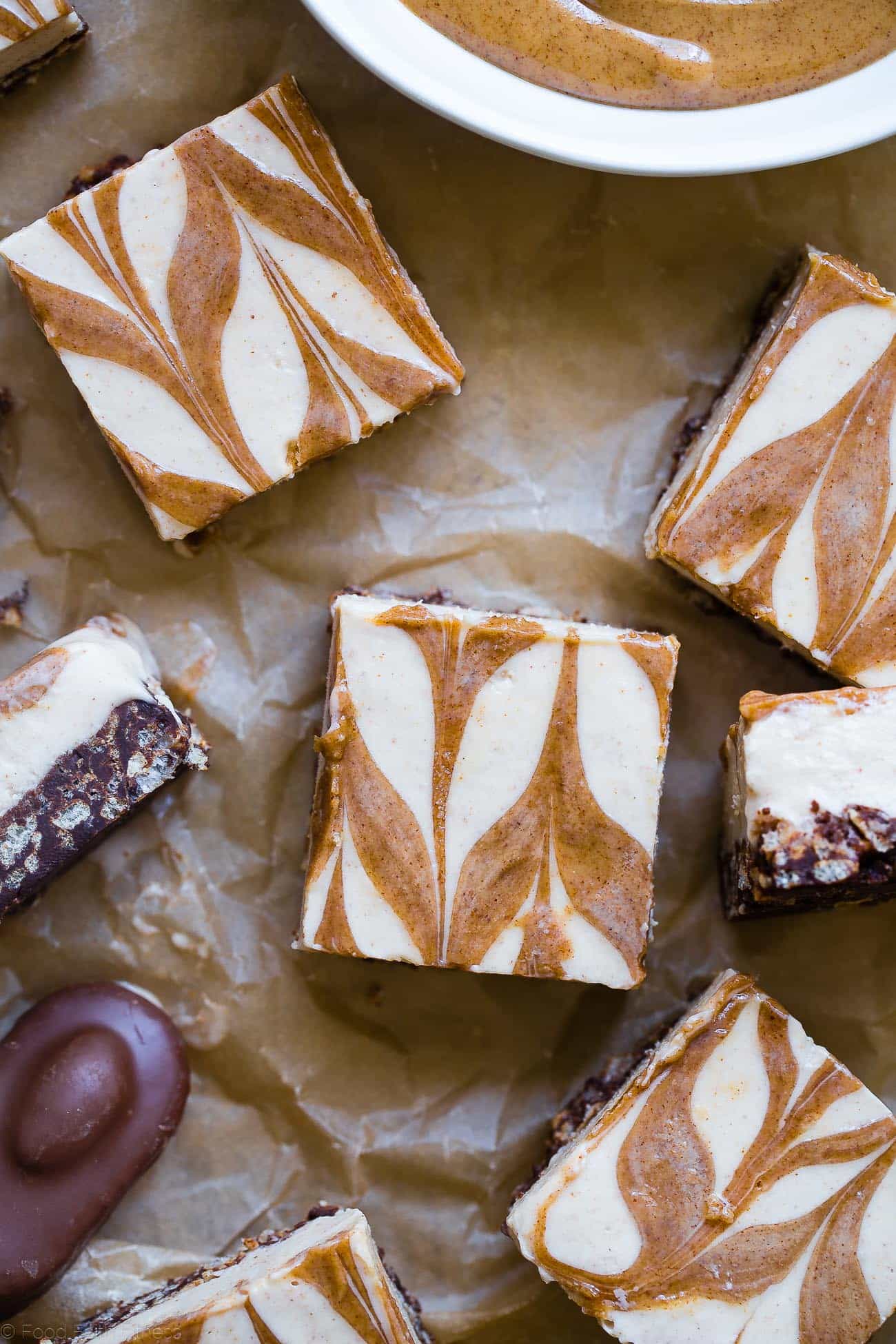 Overhead close-up photo of no bake almond joy bars. Recipe on Foodfaithfitness.com