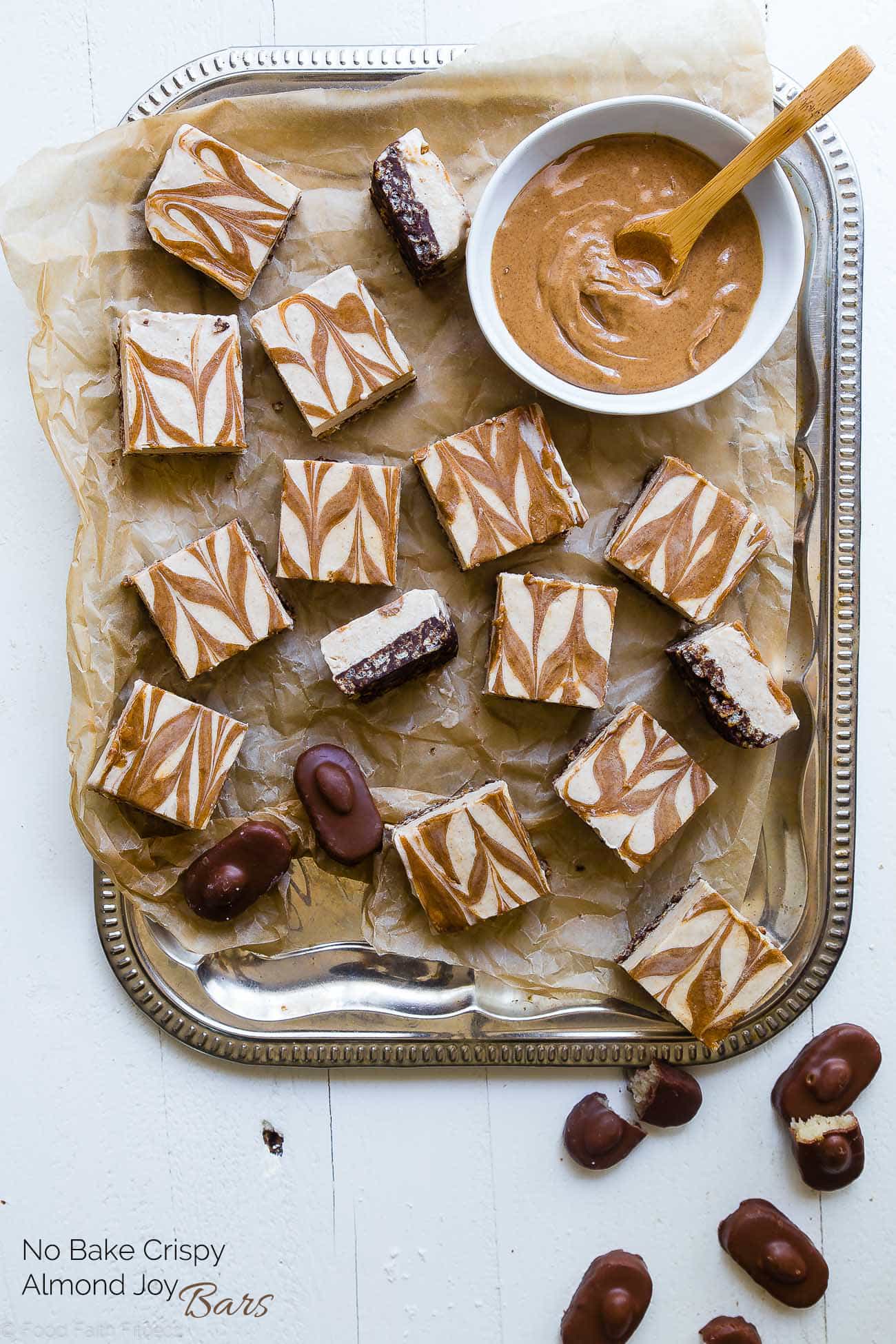 Overhead photo of no bake almond joy bars with almond butter swirl. Recipe on Foodfaithfitness.com