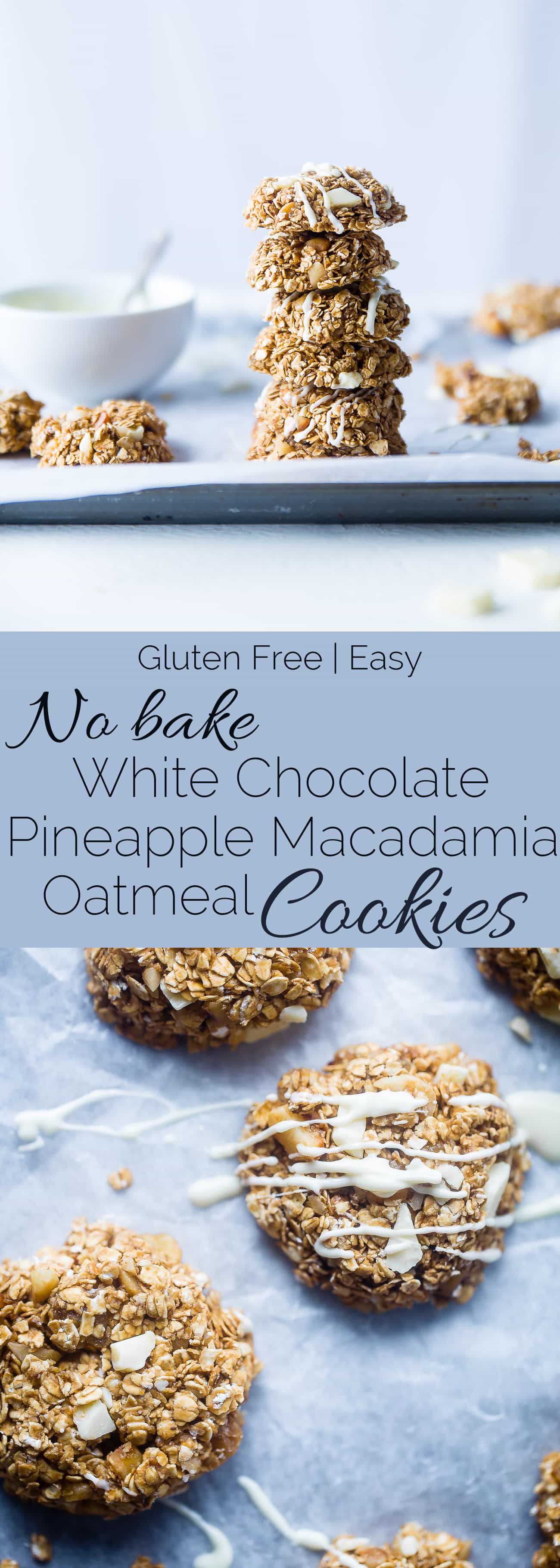 Collage image of no bake white chocolate macadamia nut cookies. Recipe on Foodfaithfitness.com
