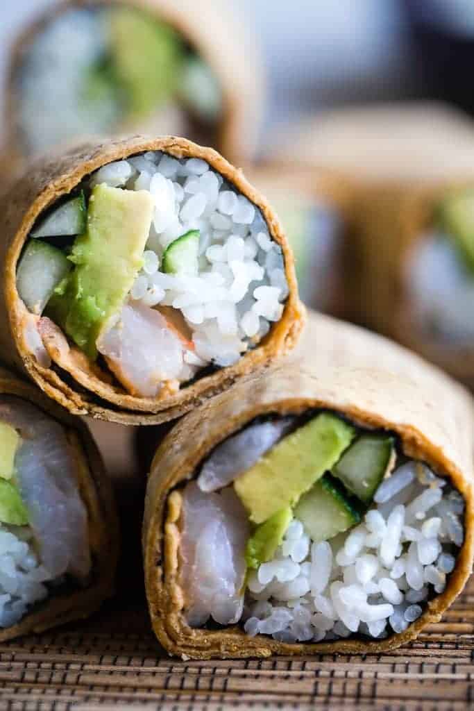 Gluten Free Spicy Shrimp Sushi Burritos - A quick and easy, healthy lunch recipe that is dairy free and has all the sushi taste, without all the work! Perfect for meal prep too! | Foodfaithfitness.com | @FoodFaithFit
