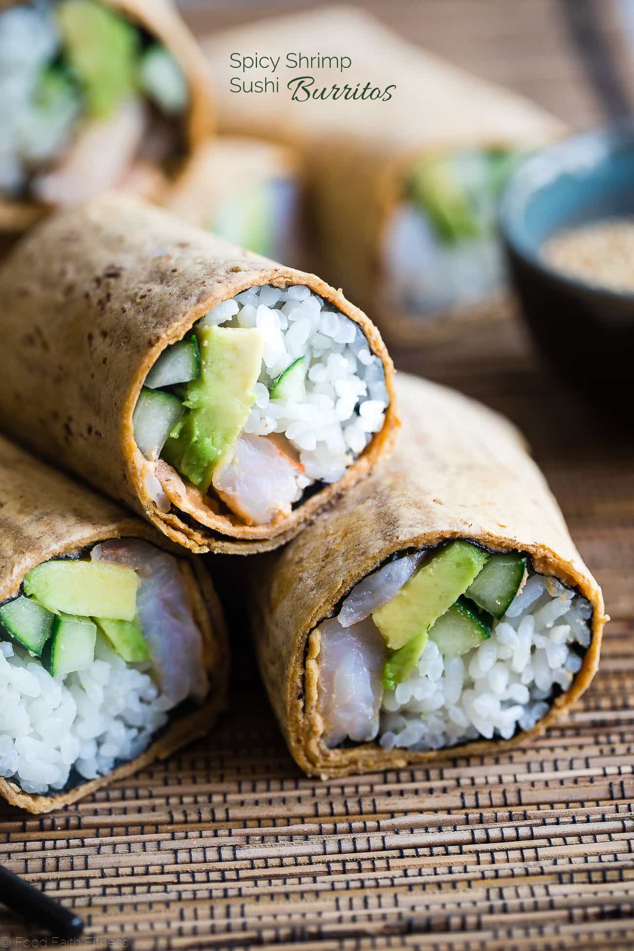 Gluten Free Spicy Shrimp Sushi Burritos - A quick and easy, healthy lunch recipe that is dairy free and has all the sushi taste, without all the work! Perfect for meal prep too! | Foodfaithfitness.com | @FoodFaithFit