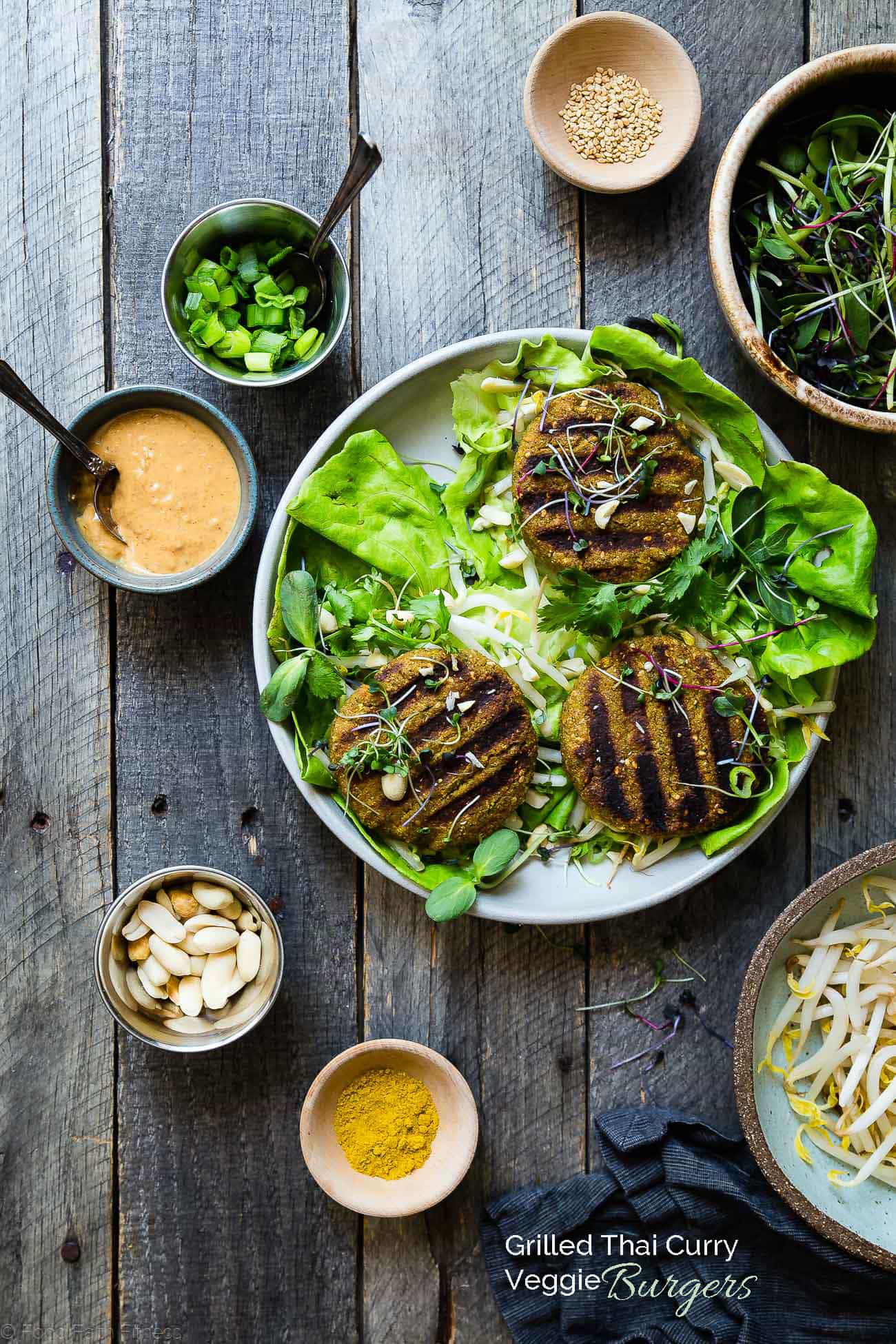 Low Carb Thai Curry Grilled Veggie Burgers - A vegan veggie burger that you can actually grill! They have a Thai peanut twist and curry kick and make a tasty paleo, whole30 and gluten free Summer dinner for under 250 calories! | Foodfaithfitness.com | @FoodFaithFit