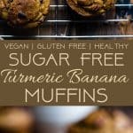 Sugar Free Turmeric Banana Muffins - These anti-inflammatory, healthy banana muffins are loaded with crunchy cocoa nibs! Gluten free, vegan friendly, low fat and only 180 calories! Perfect for a quick breakfast! | Foodfaithfitness.com | @FoodFaitFit