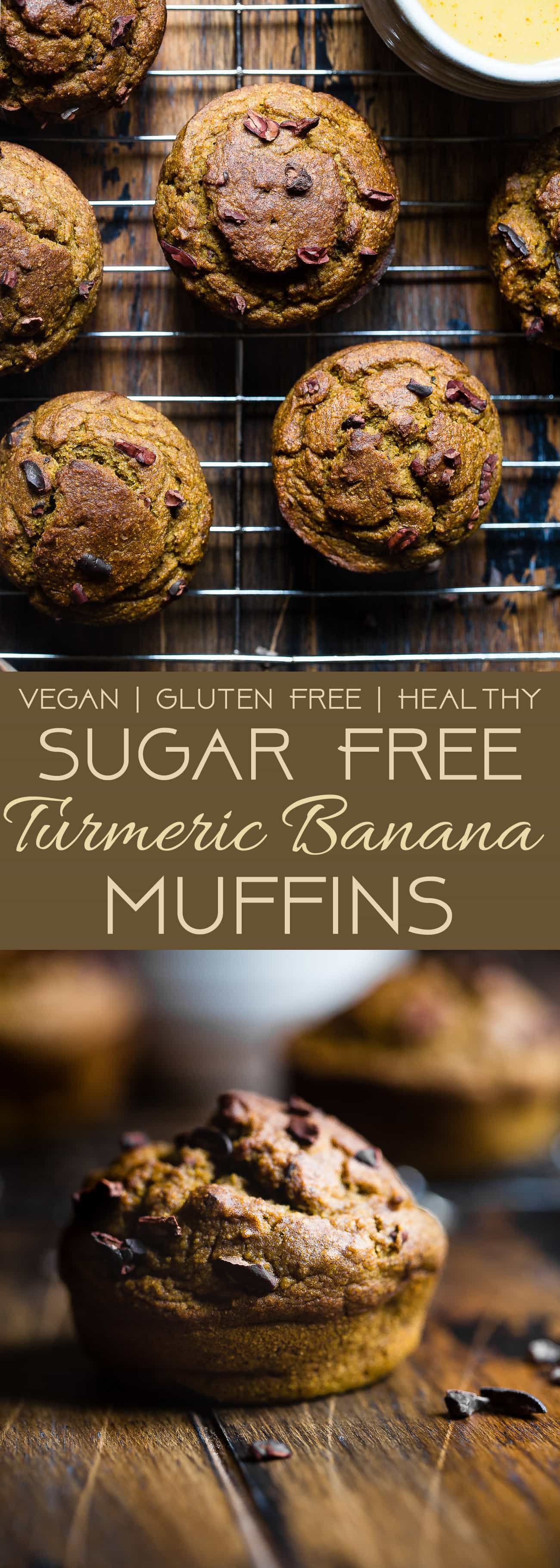 Sugar Free Turmeric Banana Muffins - These anti-inflammatory, healthy banana muffins are loaded with crunchy cocoa nibs! Gluten free, vegan friendly, low fat and only 180 calories! Perfect for a quick breakfast! | Foodfaithfitness.com | @FoodFaitFit