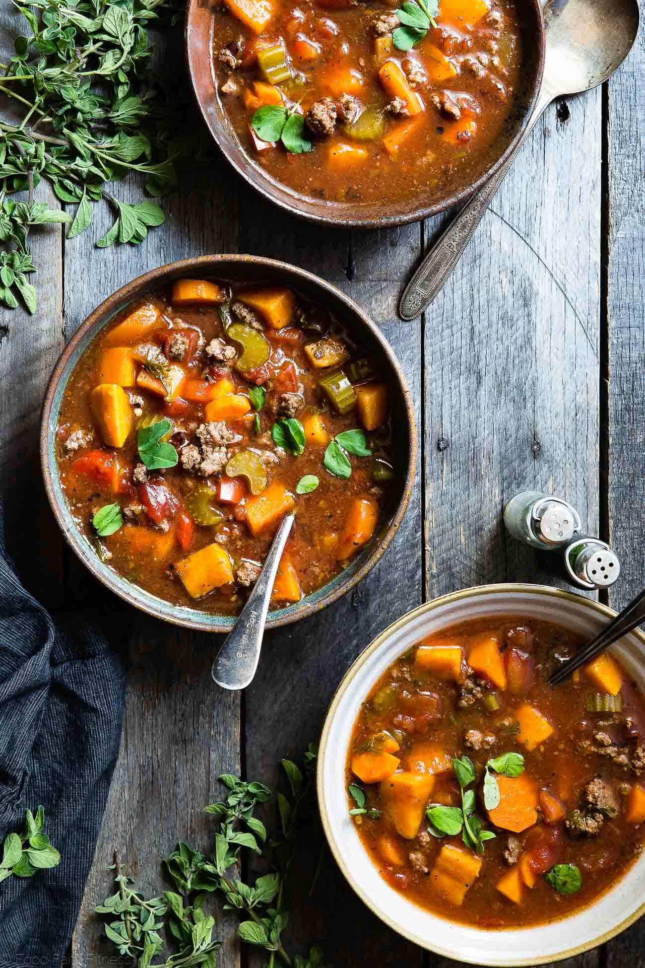 Crock Pot Paleo Hamburger Soup Recipe -  This easy, healthy hamburger soup is made in the slow cooker and is a grain/dairy/sugar/gluten free and whole30 dinner that the whole family will love! Makes great leftovers too!  | Foodfaithfitness.com | @FoodFaithFit