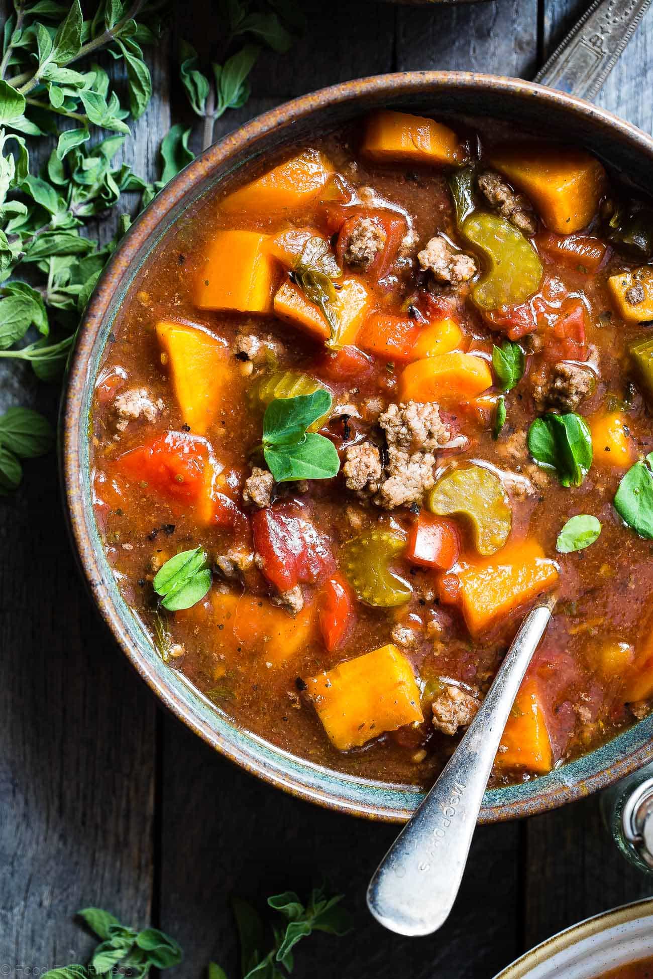 Paleo Slow Cooker Hamburger Soup -  This easy, healthy hamburger soup is made in the slow cooker and is a grain/dairy/sugar/gluten free and whole30 dinner that the whole family will love! Makes great leftovers too!  | Foodfaithfitness.com | @FoodFaithFit