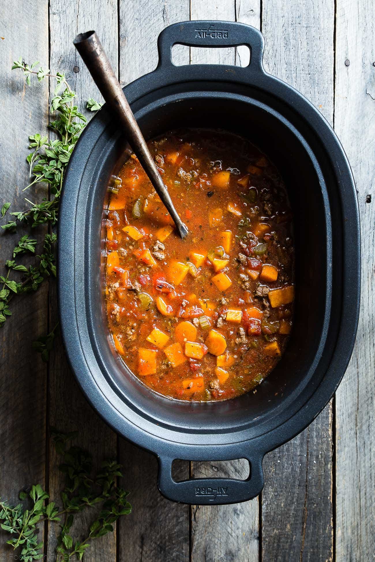 Crock Pot Paleo Hamburger Soup Recipe -  This easy, healthy hamburger soup is made in the slow cooker and is a grain/dairy/sugar/gluten free and whole30 dinner that the whole family will love! Makes great leftovers too!  | Foodfaithfitness.com | @FoodFaithFit