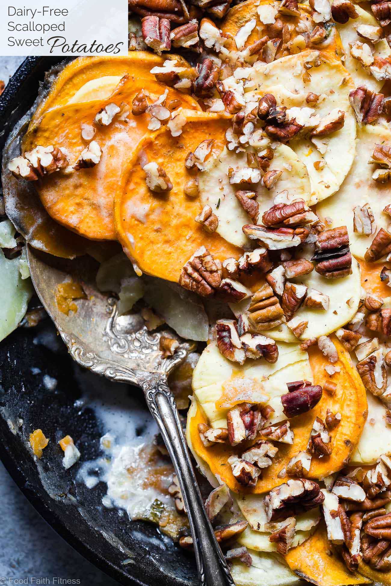 Healthy Scalloped Sweet Potatoes Casserole - So rich and creamy, you will never believe it's gluten free and paleo/vegan/whole30 compliant! Perfect for a healthy Thanksgiving! | Foodfaithfitness.com | @FoodFaithFit