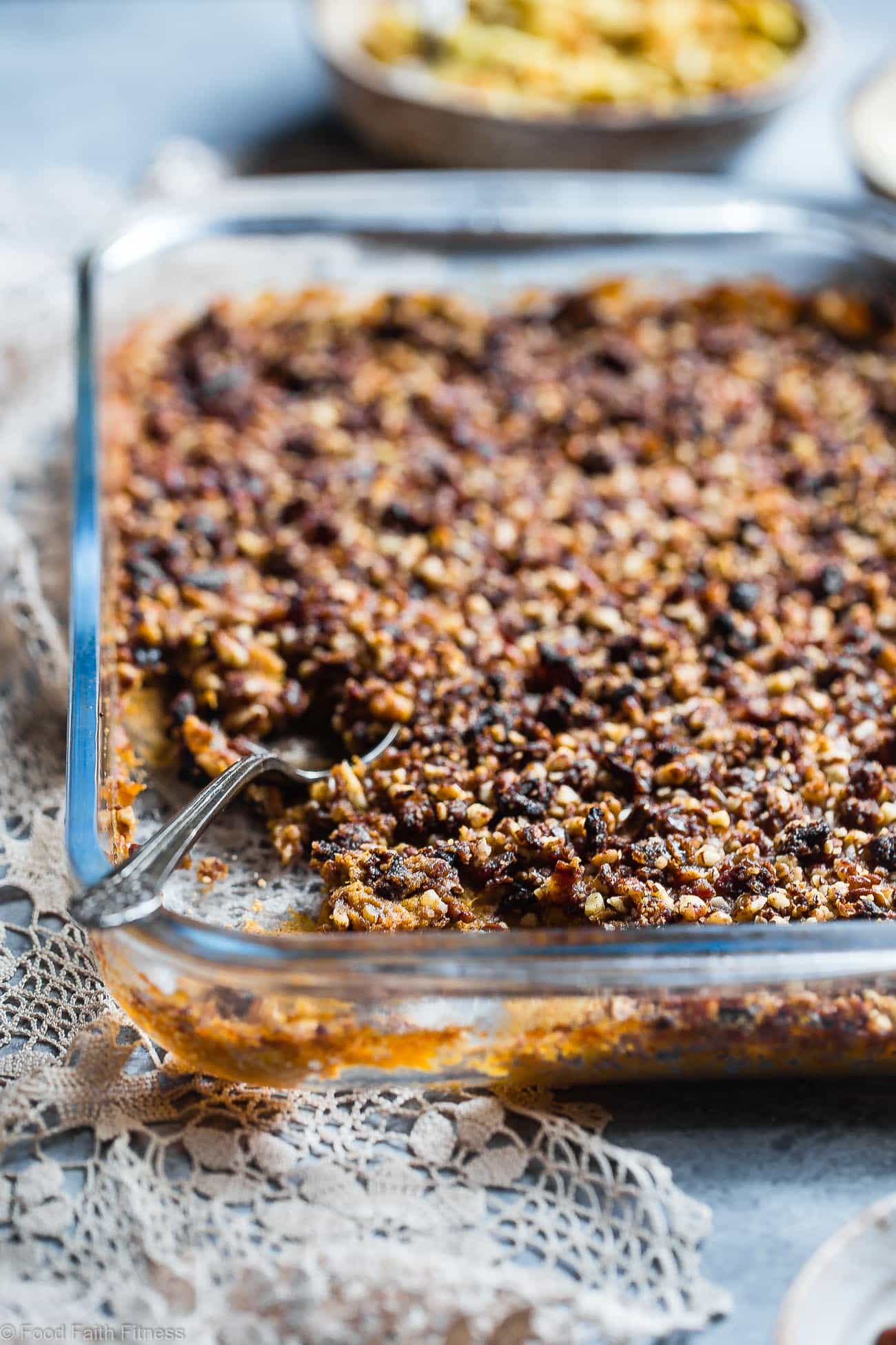 Paleo Easy Healthy Sweet Potato Casserole with Pecan Topping - the best sweet potato casserole for Thanksgiving! No one will believe it's vegan friendly, whole30 compliant and gluten/grain/dairy/sugar AND egg free! | Foodfaithfitness.com | @FoodFaithFit