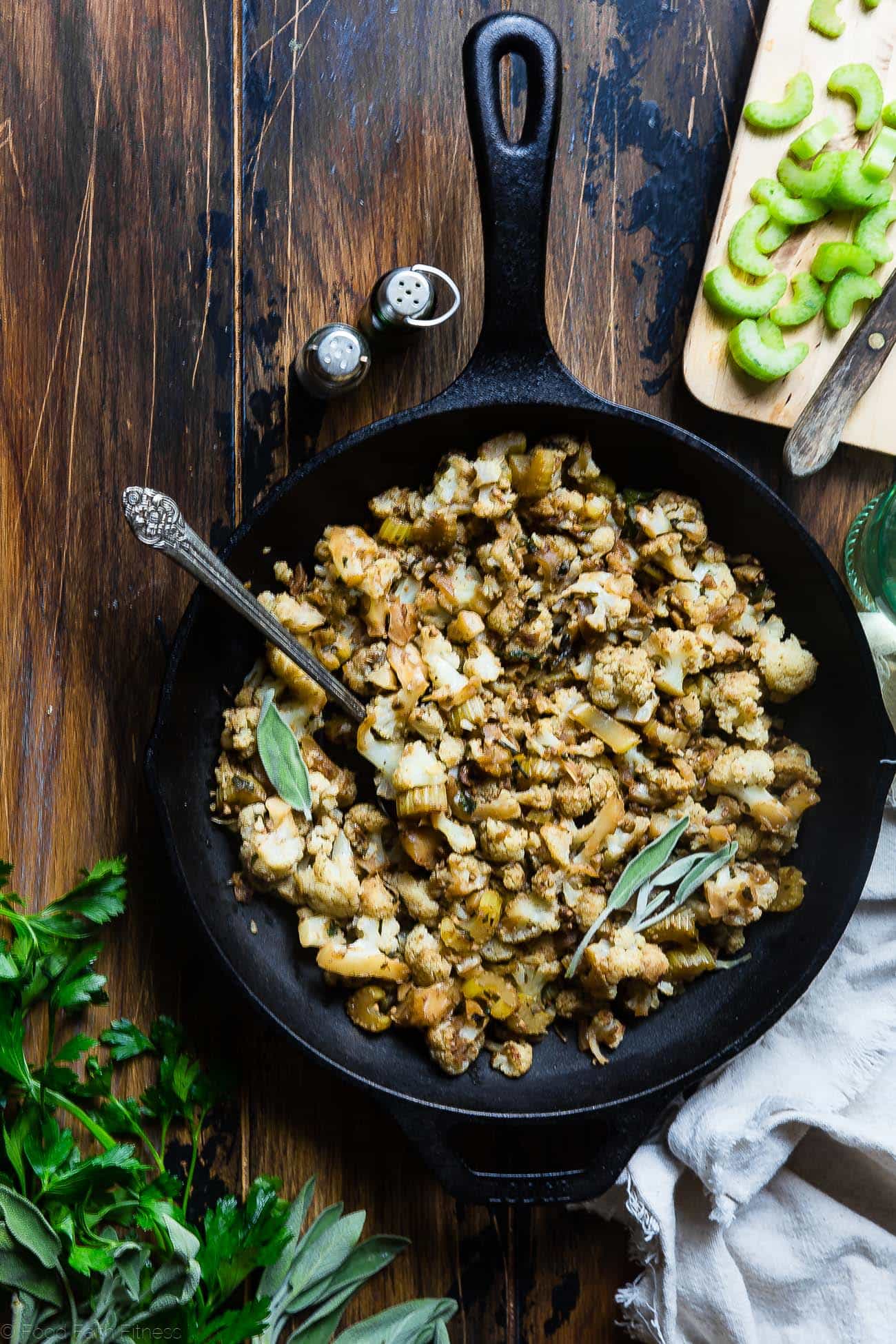 Cauliflower Low Carb Paleo Vegan Stuffing - The BEST vegan stuffing! Made entirely from vegetables but has all the flavor of traditional bread stuffing! It's super easy, whole30 compliant, paleo, vegan, gluten free and SO delicious! Perfect for Thanksgiving or Christmas! | Foodfaithfitness.com | @FoodFaithFit