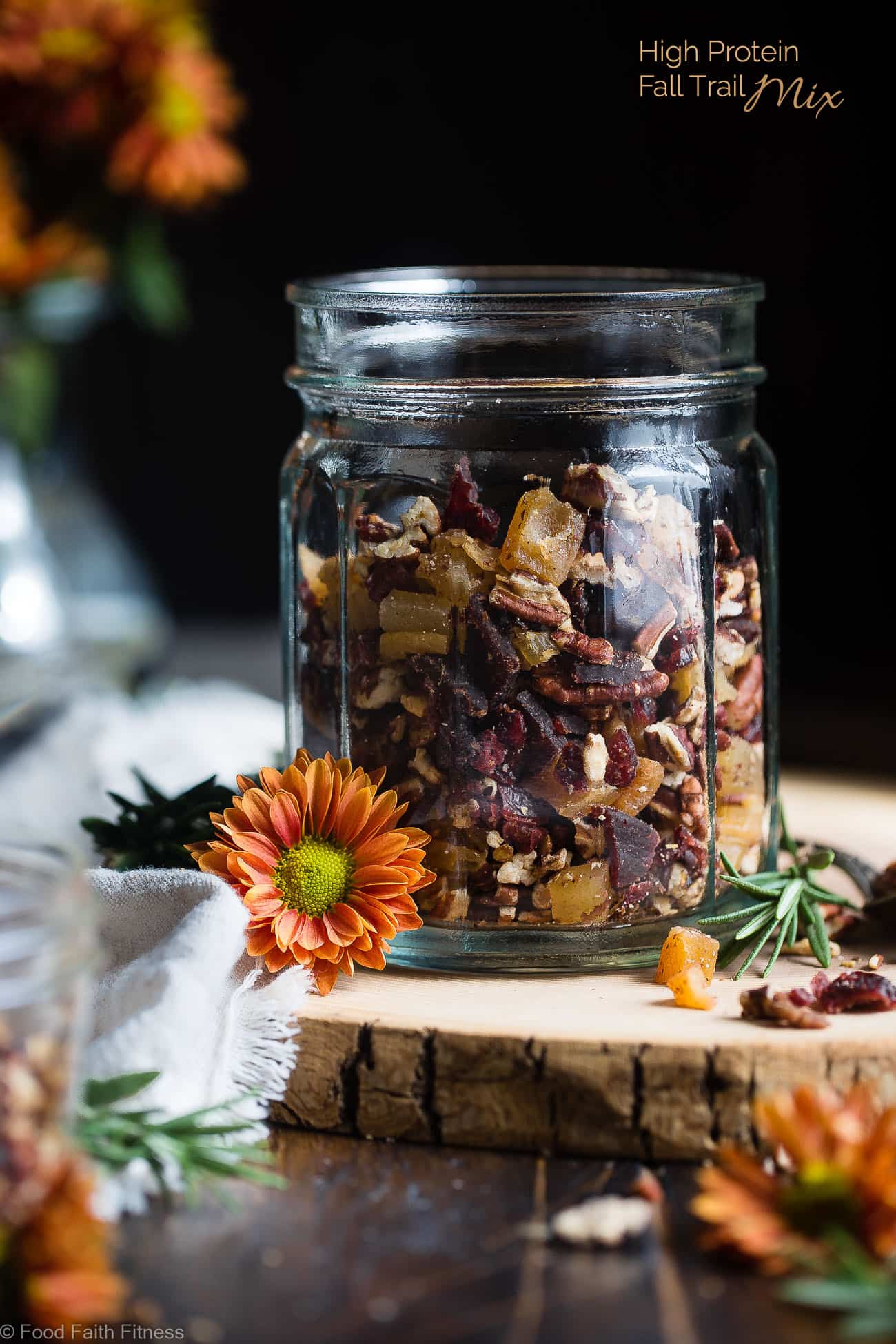 Protein Packed Fall Trail Mix - This quick and easy fall trail mix recipe only uses 6 ingredients and is secretly high in protein! It's a healthy gluten, grain and dairy free portable snack for busy days that is adult and kid friendly! | Foodfaithfitness.com | @FoodFaithFit 