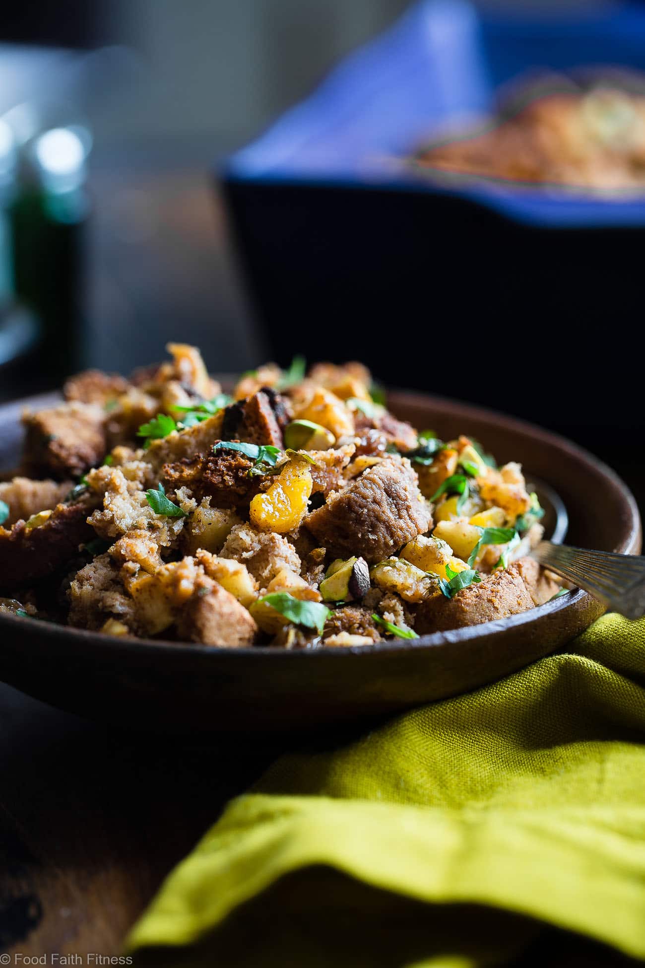 Moroccan Gluten Free Stuffing  -  This simple gluten free stuffing is made with spicy-sweet Moroccan flavors, apples and dried fruit! It's a healthy, dairy-free twist on a classic side dish that's perfect for Thanksgiving! | Foodfaithfitness.com | @FoodFaithFit