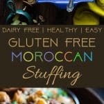 Moroccan Gluten Free Stuffing  -  This simple gluten free stuffing is made with spicy-sweet Moroccan flavors, apples and dried fruit! It's a healthy, dairy-free twist on a classic side dish that's perfect for Thanksgiving! | Foodfaithfitness.com | @FoodFaithFit