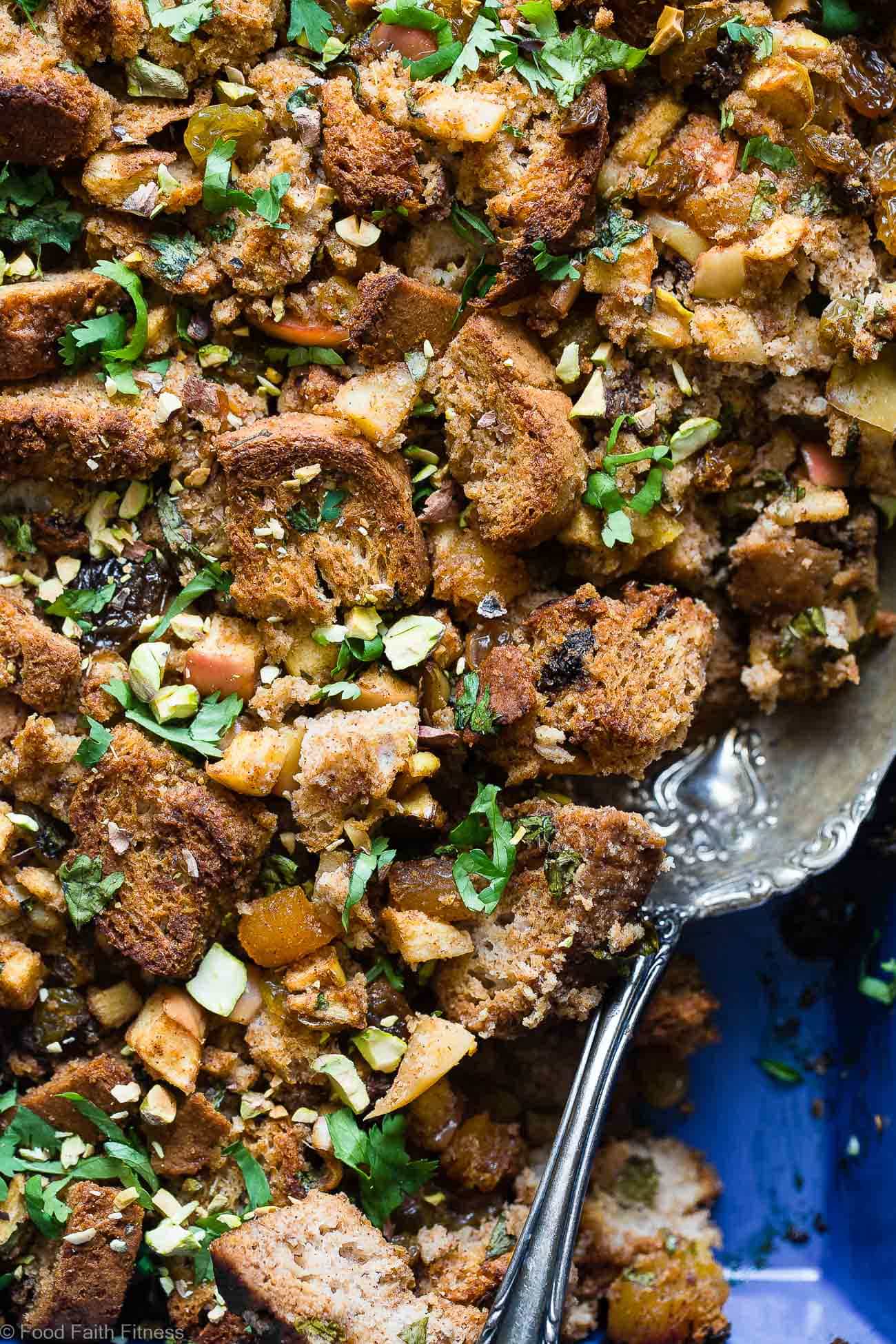 Moroccan Gluten Free Stuffing  -  This is the best gluten free stuffing! Made with spicy-sweet Moroccan flavors, apples and dried fruit! It's a healthy, dairy-free twist on a classic side dish that's perfect for Thanksgiving! | Foodfaithfitness.com | @FoodFaithFit