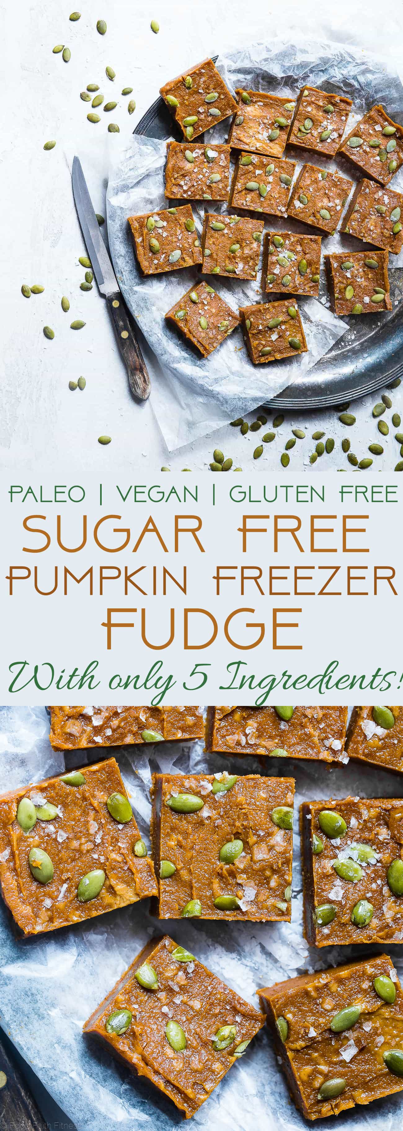 Sugar Free Vegan Pumpkin Freezer Fudge - This paleo, healthy pumpkin fudge requires only a few minutes to make and is naturally sweetened with dates! It's gluten, grain and dairy free and SO creamy! | Foodfaithfitness.com | @FoodFaithFit | Easy vegan fudge. healthy vegan fudge. healthy fudge. vegan fudge with dates. sugar free fudge. vegan pumpkin fudge. paleo pumpkin fudge. gluten free pumpkin fudge. no bake pumpkin fudge. quick pumpkin fudge.