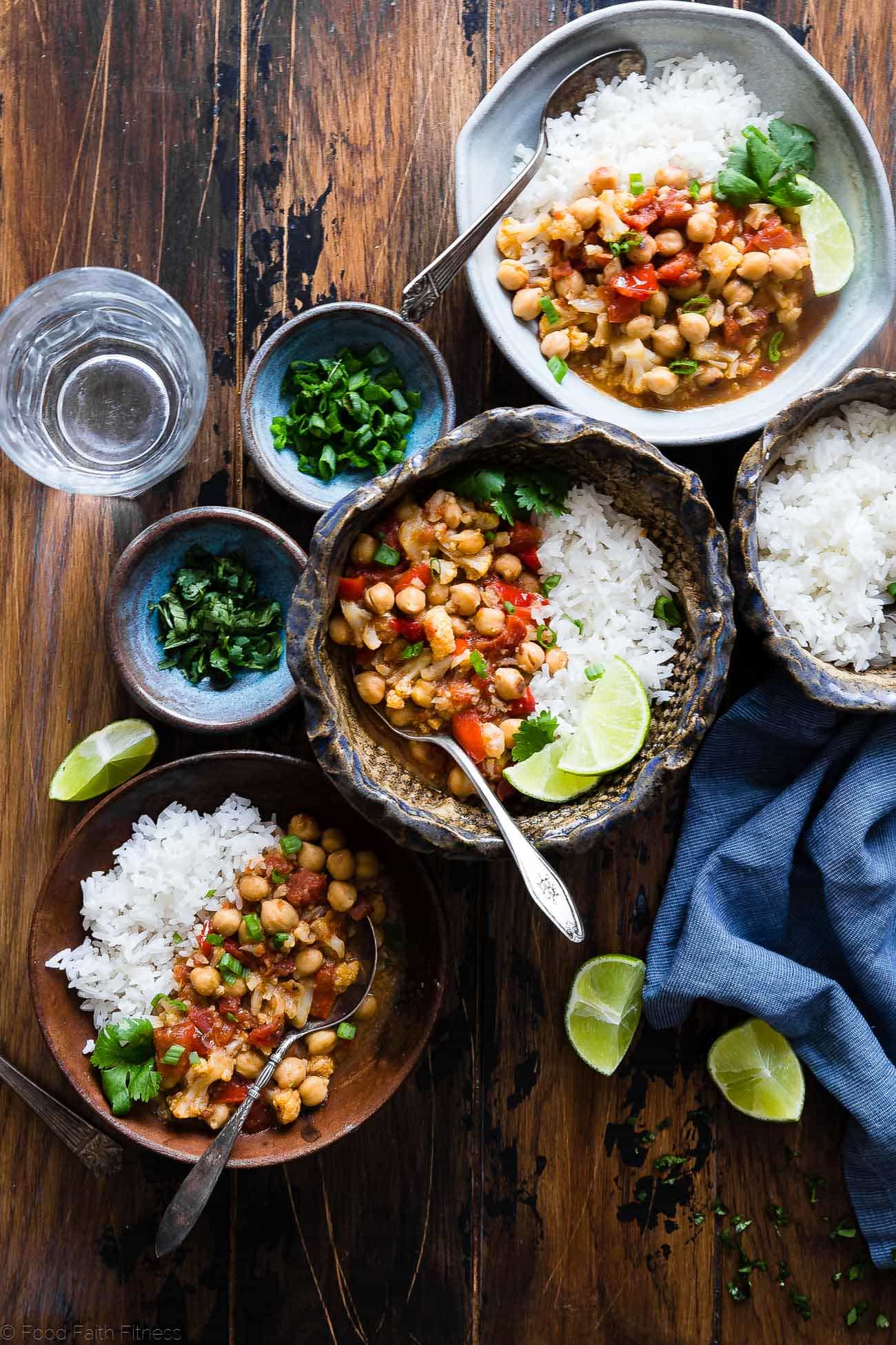 Instant Pot Vegan Chickpea Curry - This easy healthy chickpea curry is made in the Instant Pot and ready in 20 mins! It uses coconut milk and tomatoes to make it thick and so creamy! Makes great leftovers and is great for meal prep! | Foodfaithfitness.com | @FoodFaithFit