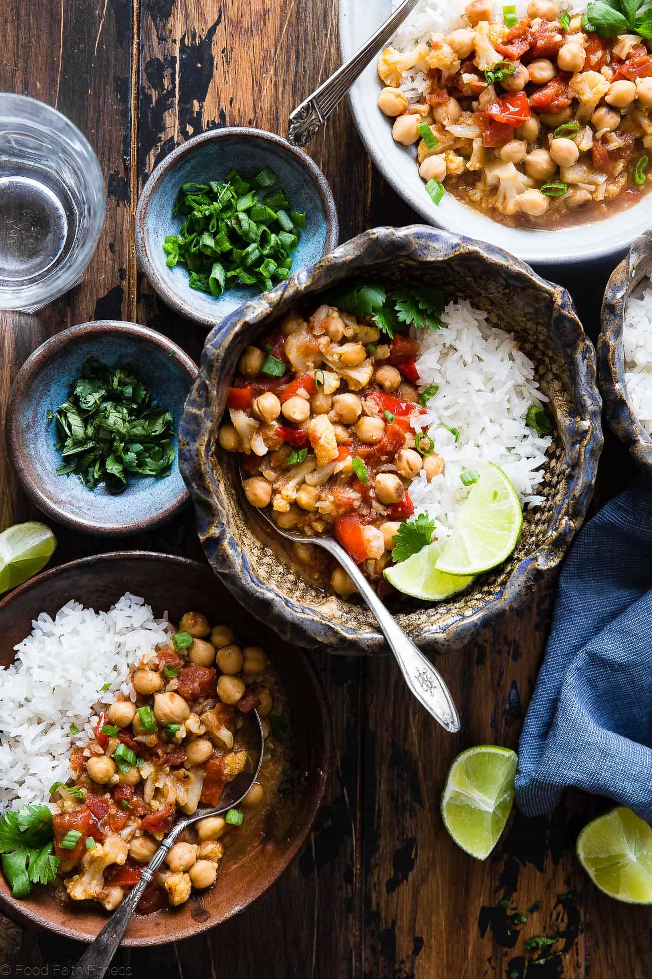 Instant Pot Vegan Chickpea Curry - This easy chickpea curry is made in the Instant Pot and ready in 20 mins! It uses coconut milk and tomatoes to make it thick and so creamy! Makes great leftovers and is great for meal prep! | Foodfaithfitness.com | @FoodFaithFit
