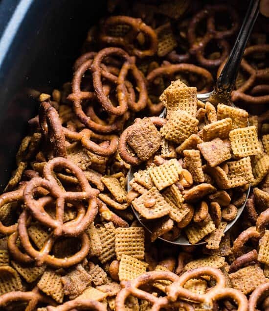Hickory Honey Mustard Homemade Crock Pot Chex Mix - This dairy and gluten free Chex Mix is made in the slow cooker so it's super easy and hands off! It's got addicting smoky sweet flavors and is perfect for parties or movie nights! | Foodfaithfitness.com | @FoodFaithFit