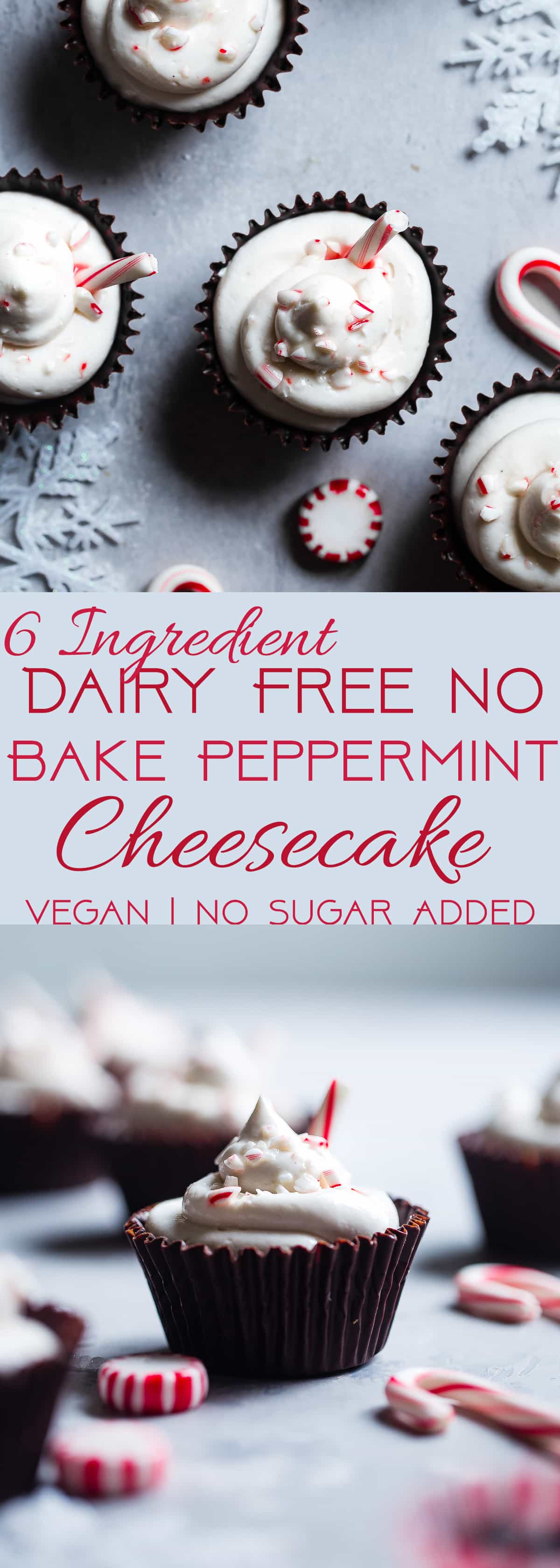 Dairy Free No Bake Peppermint Cheesecake Cups - A vegan-friendly, gluten, grain and dairy free dessert with no sugar added, that is only 6 ingredients! A healthy holiday treat for under 250 calories! | Foodfaithfitness.com | @FoodFaithFit | peppermint bark cheesecake. vegan cheesecake. peppermint cheesecake bites. chocolate cheesecake. vegan peppermint cheesecake. gluten free cheesecake.