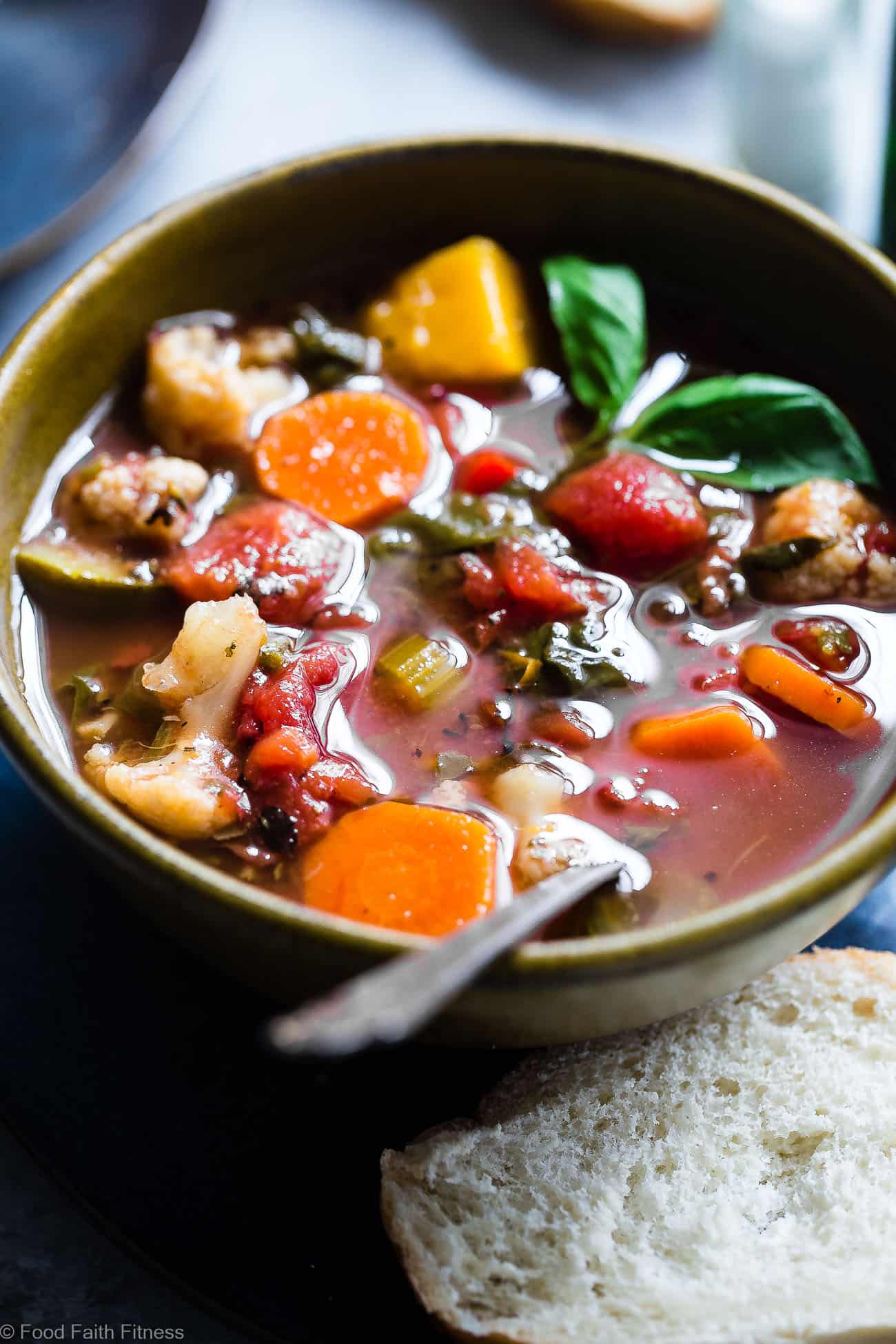 Easy Homemade Crockpot Vegetable Soup - Let the crockpot do the work for you with this recipe for vegetable soup that is a whole30, paleo and vegan dinner with only 1 SmartPoint and 85 calories! A family friendly dinner for busy weeknights that will please the pickiest of eaters! | Foodfaithfitness.com | @FoodFaithFit