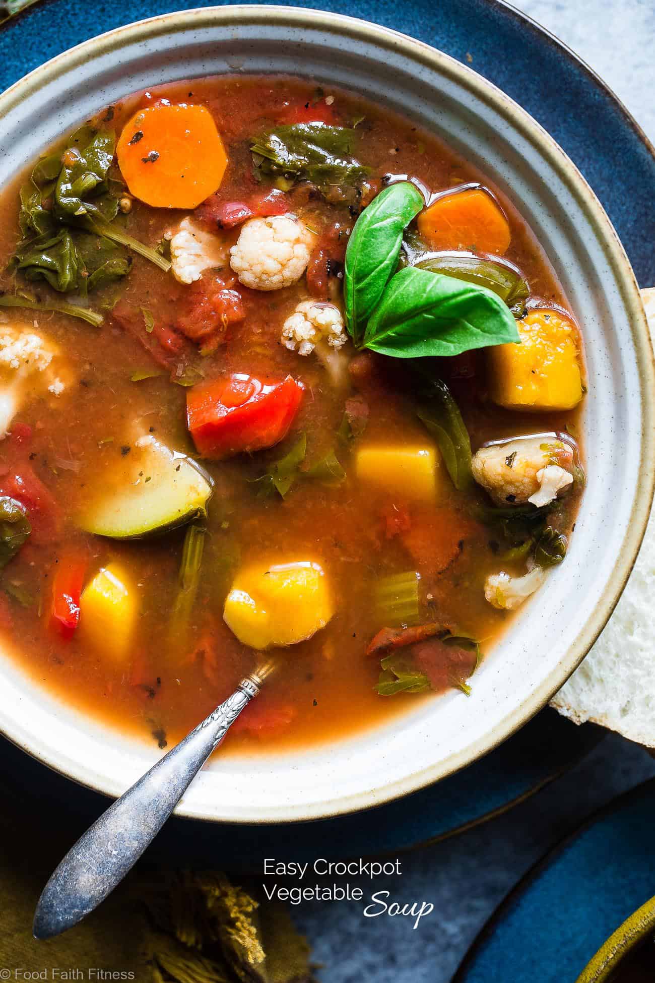 Easy Homemade Crockpot Vegetable Soup - Let the crockpot do the work for you with this simple soup that is a whole30, paleo and vegan dinner with only 1 SmartPoint and 85 calories! A family friendly dinner for busy weeknights that will please the pickiest of eaters! | Foodfaithfitness.com | @FoodFaithFit
