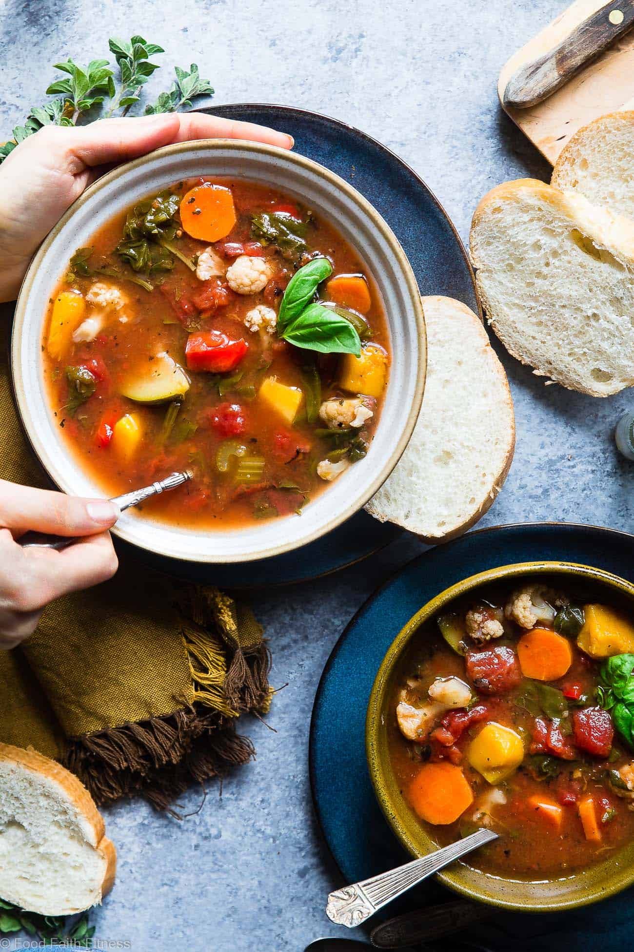 Easy Homemade Crockpot Vegetable Soup Recipe - Let the crockpot do the work for you with this simple soup that is a whole30, paleo and vegan dinner with only 1 SmartPoint and 85 calories! A family friendly dinner for busy weeknights that will please the pickiest of eaters! | Foodfaithfitness.com | @FoodFaithFit
