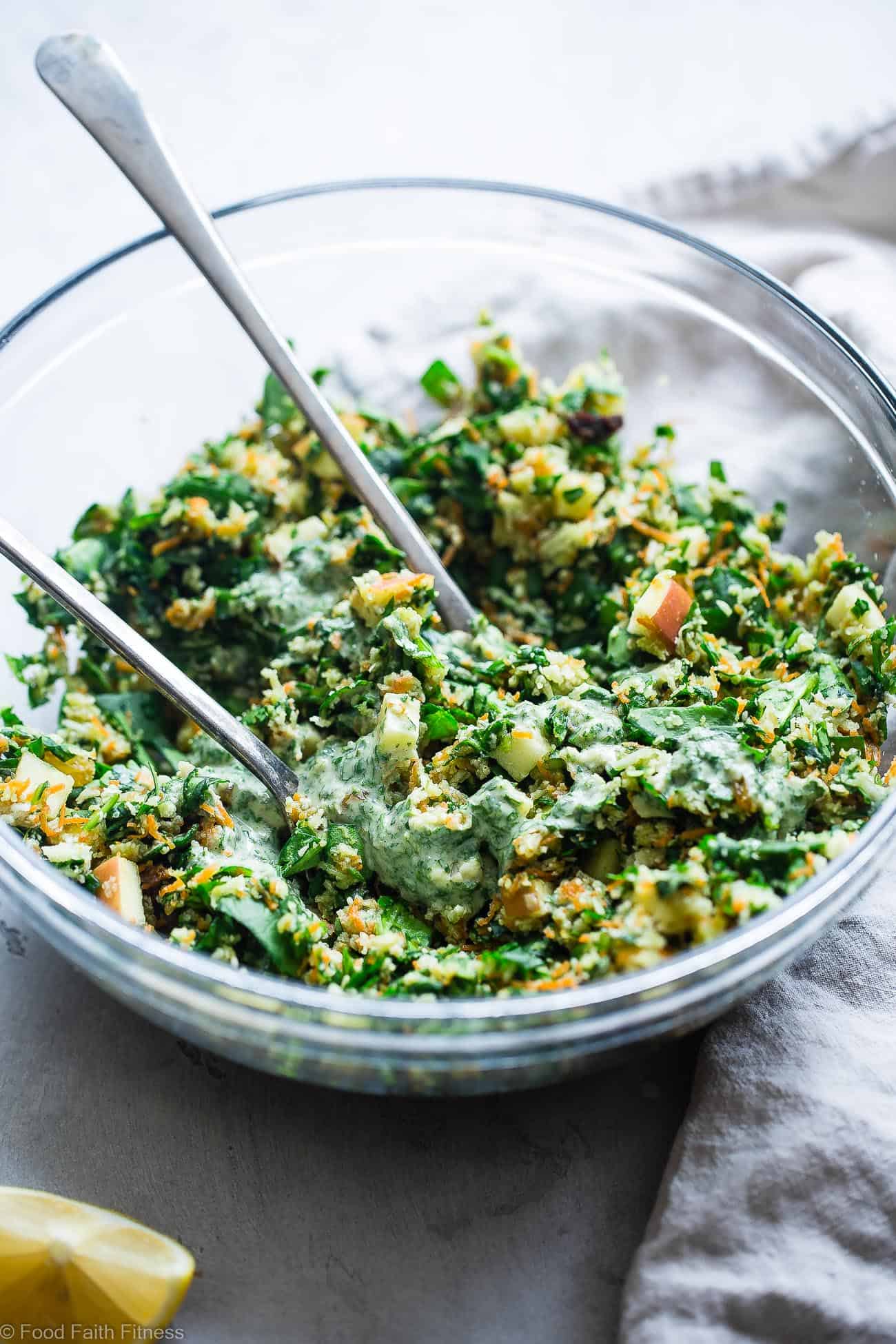 Moroccan Grated Raw Cauliflower Detox Salad - Ever wondered how to make cauliflower salad? This veggie packed salad is a gluten/grain/dairy/sugar free salad with sweet and spicy, bold flavor! Paleo, vegan and whole30 compliant and perfect for meal prep! | Foodfaithfitness.com | @FoodfaithFit