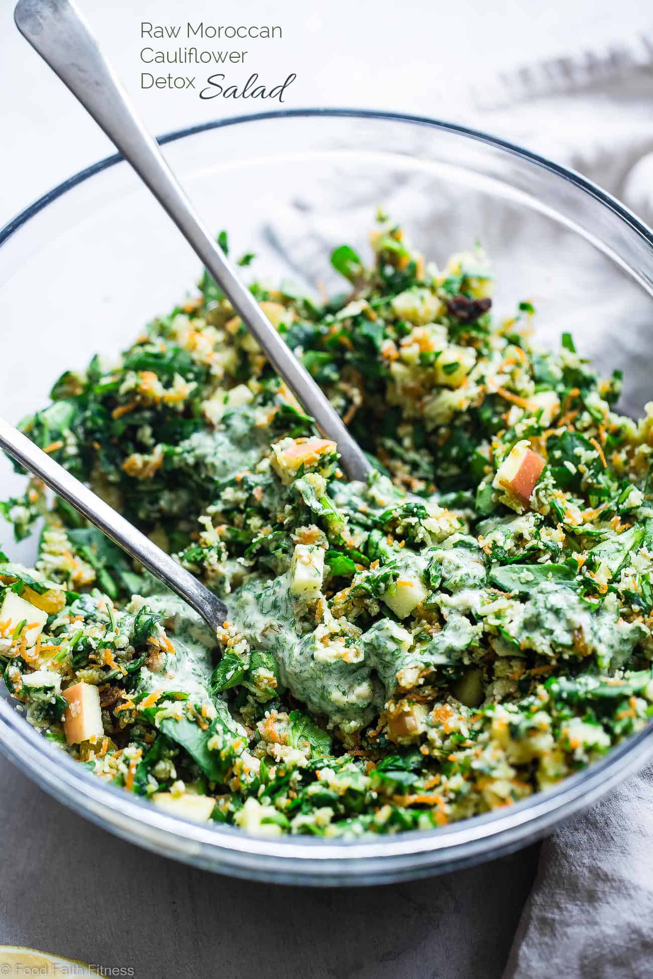 Moroccan Grated Raw Cauliflower Detox Salad - This veggie packed salad is a gluten/grain/dairy/sugar free salad with sweet and spicy, bold flavor! Paleo, vegan and whole30 compliant and perfect for meal prep! | Foodfaithfitness.com | @FoodfaithFit