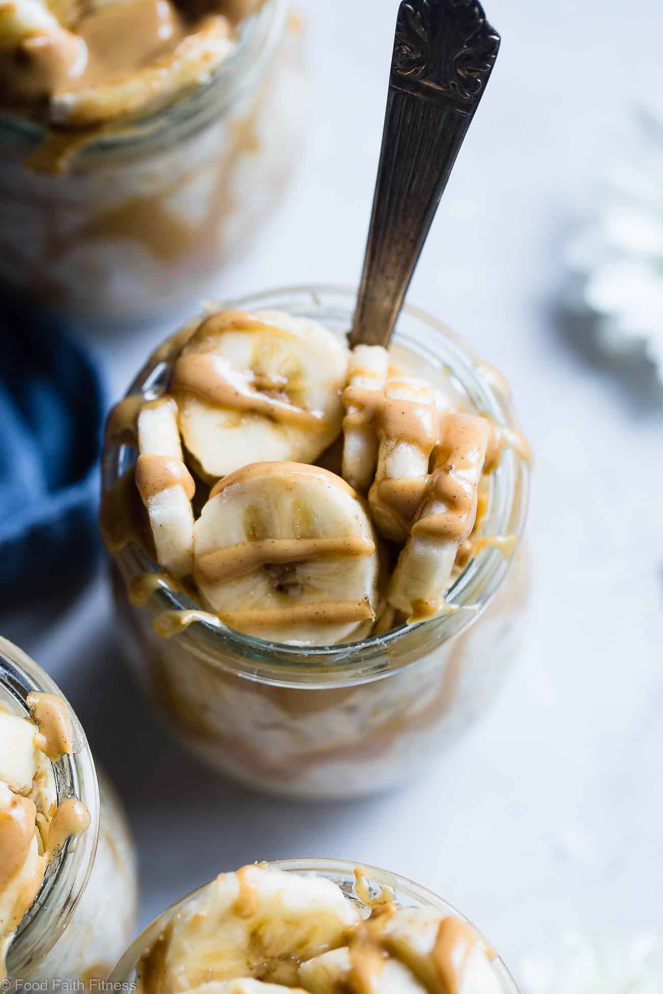 Banana Peanut Butter Overnight Oats - This make ahead, vegan overnight oats recipe is a healthy, 4 ingredient way to start the day! dairy, sugar and, gluten free and kid friendly too! | Foodfaithfitness.com | @FoodFaithFit