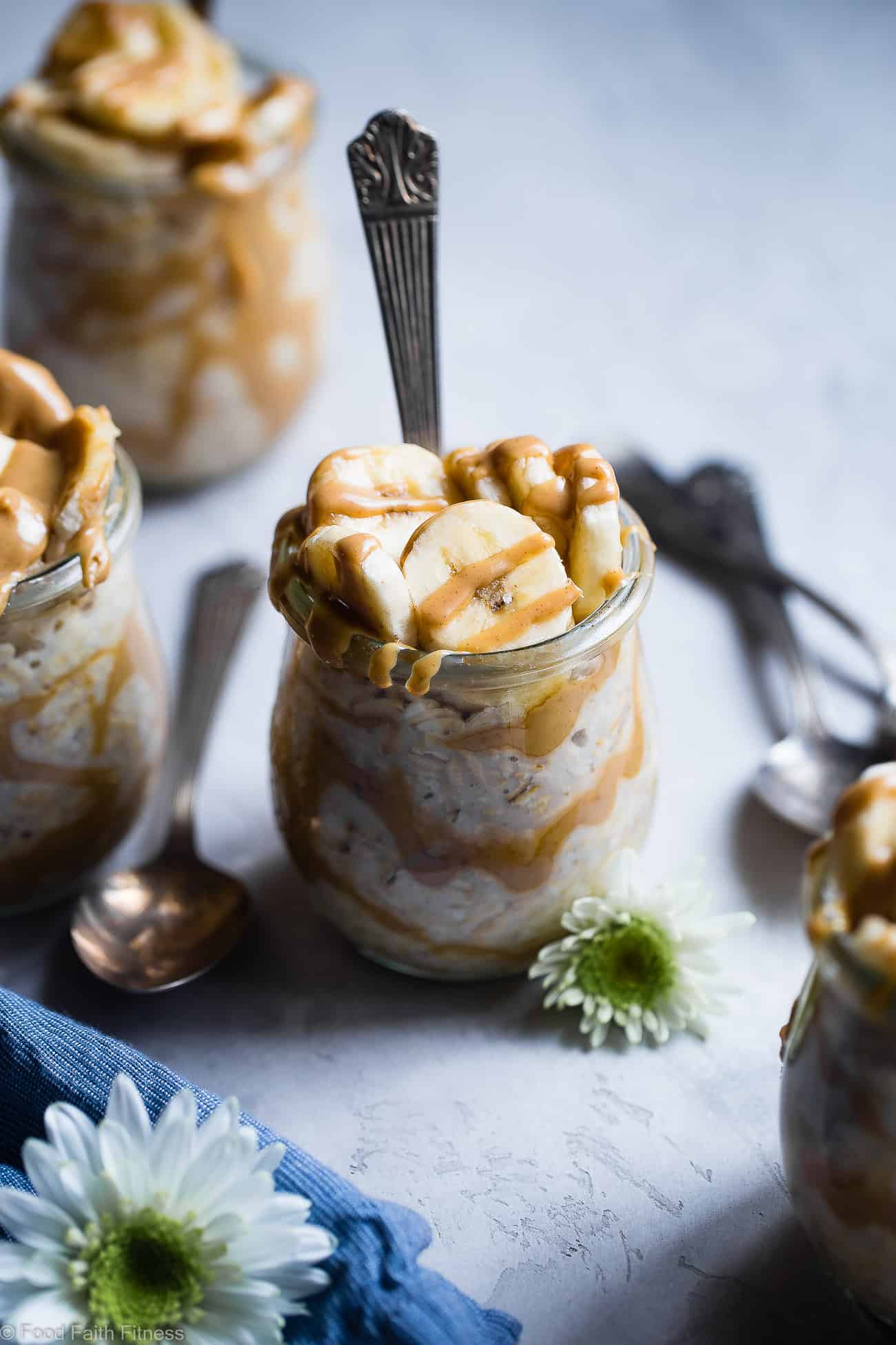 Banana Overnight Peanut Butter Oats - This make ahead, vegan overnight oats recipe is a healthy, 4 ingredient way to start the day! dairy, sugar and, gluten free and kid friendly too! | Foodfaithfitness.com | @FoodFaithFit