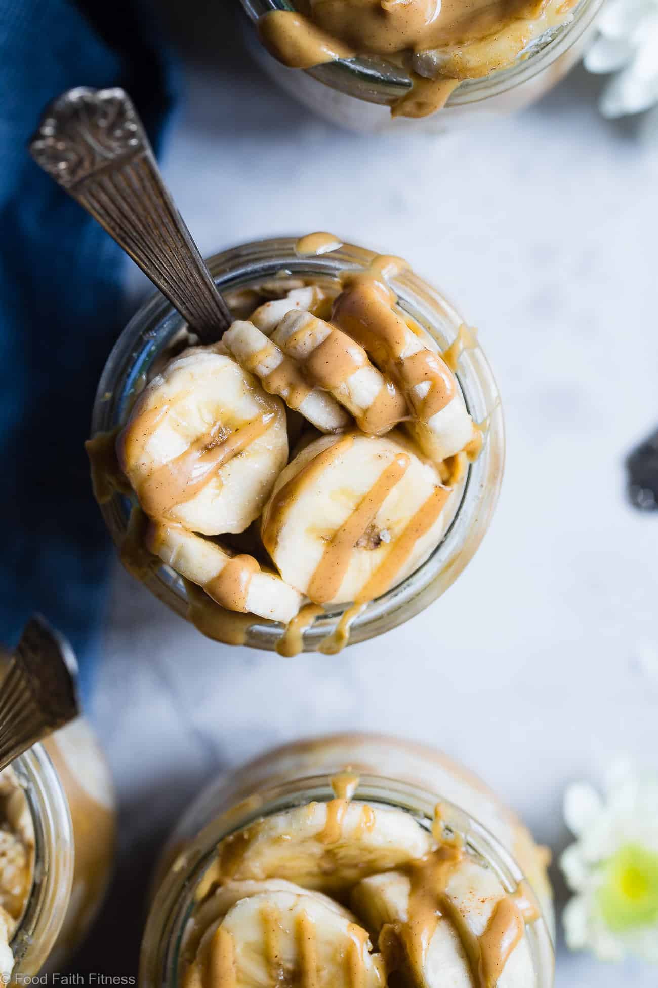 Banana Peanut Butter Overnight Oats Recipe with Almond Milk - This make ahead, vegan overnight oats with peanut butter is a healthy, 4 ingredient way to start the day! dairy, sugar and, gluten free and kid friendly too! | Foodfaithfitness.com | @FoodFaithFit