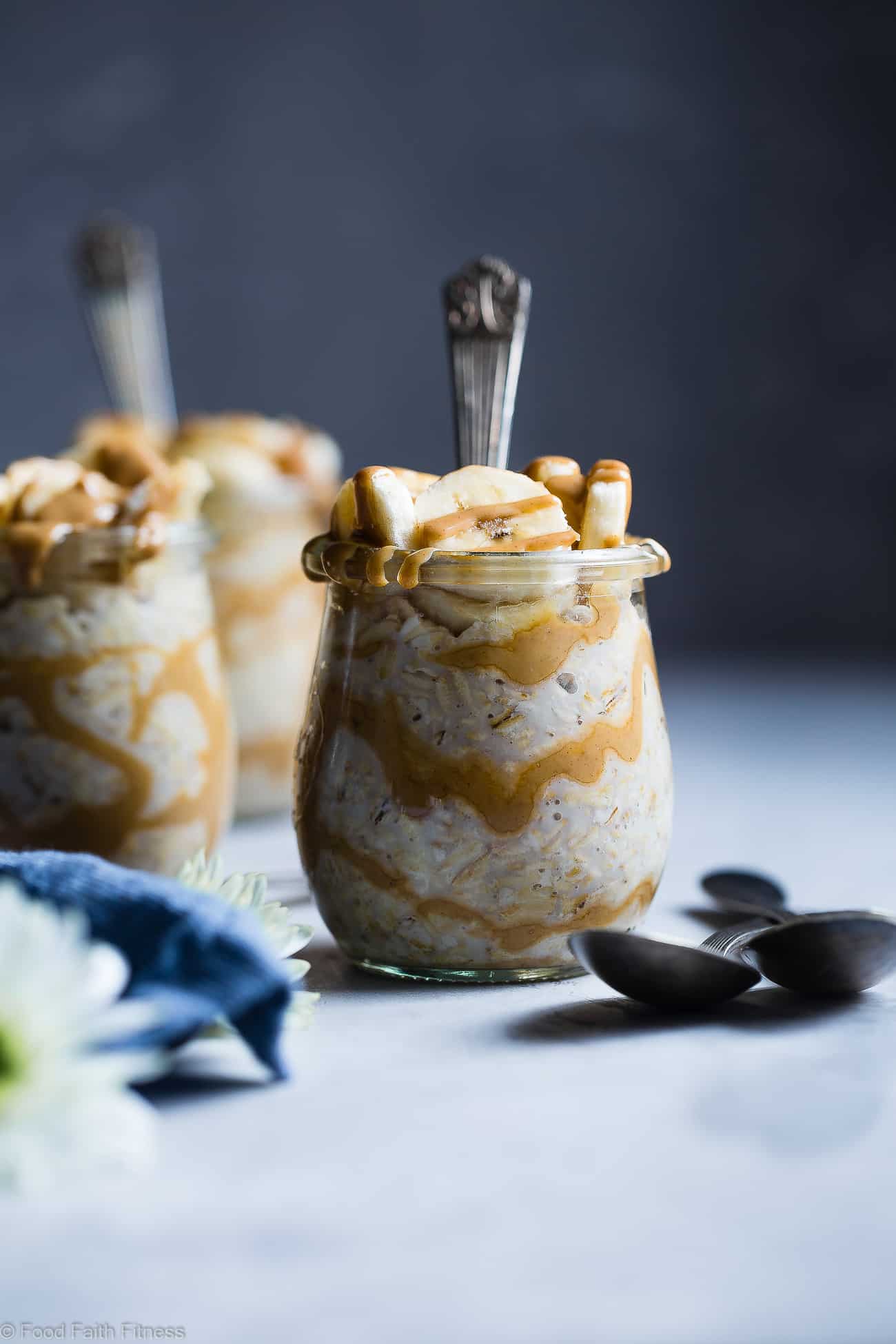 Banana Peanut Butter Overnight Oats Recipe with Almond Milk - This make ahead, vegan banana overnight oats recipe is a healthy, 4 ingredient way to start the day! dairy, sugar and, gluten free and kid friendly too! | Foodfaithfitness.com | @FoodFaithFit