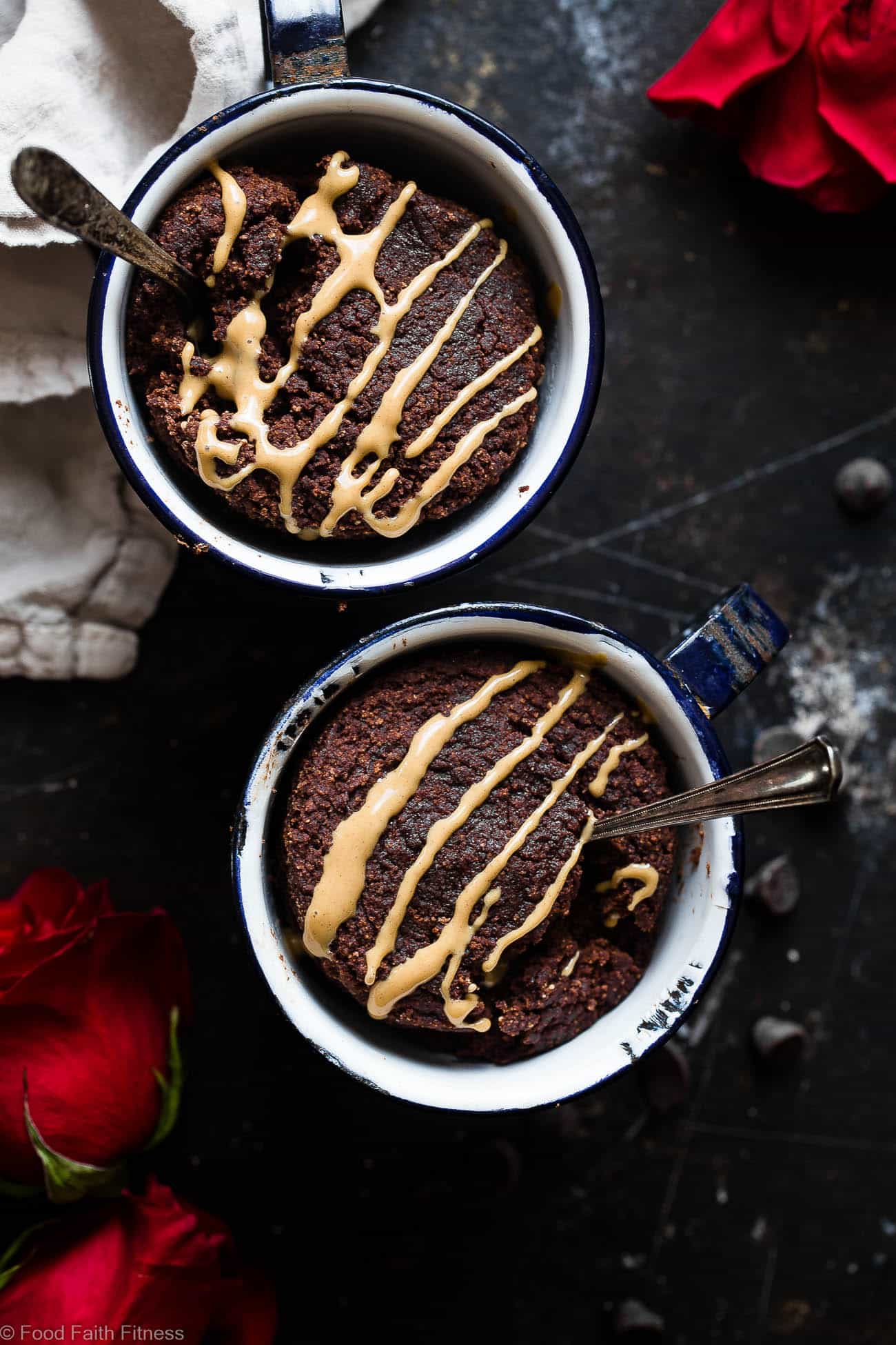 Paleo Chocolate Almond Butter Mug Cakes for Two - A gluten/grain/dairy/sugar free treat that is vegan friendly, ready in 10 minutes and better for you! A healthy dessert at its best! | #Foodfaithfitness | #paleo #vegan #glutenfree #mugcake #chocolate