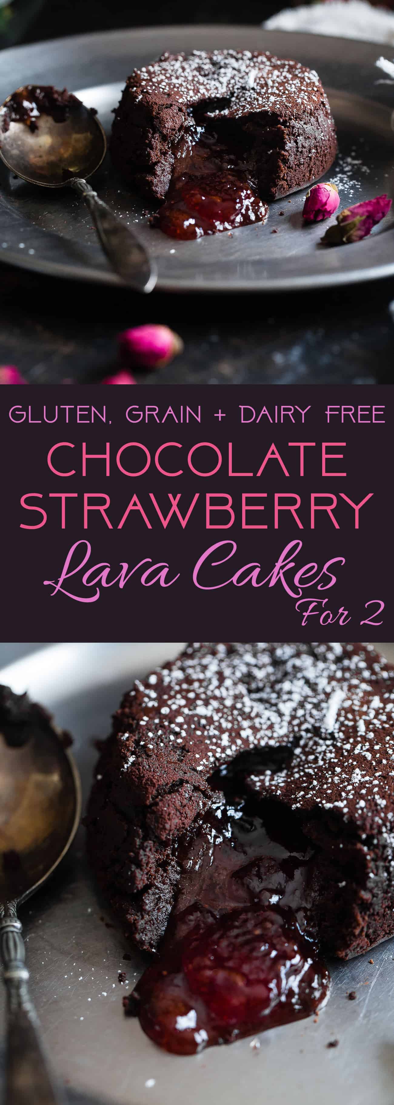 Gluten Free Chocolate Strawberry Lava Cakes for Two - These ooey-gooey, rich and FUDGY lava cakes are a 15 minute dessert that feels SO fancy! They're gluten/grain/dairy free and better for you too! | #Foodfaithfitness | #Glutenfree #Lavacake #ValentinesDay #Strawberry #DairyFree