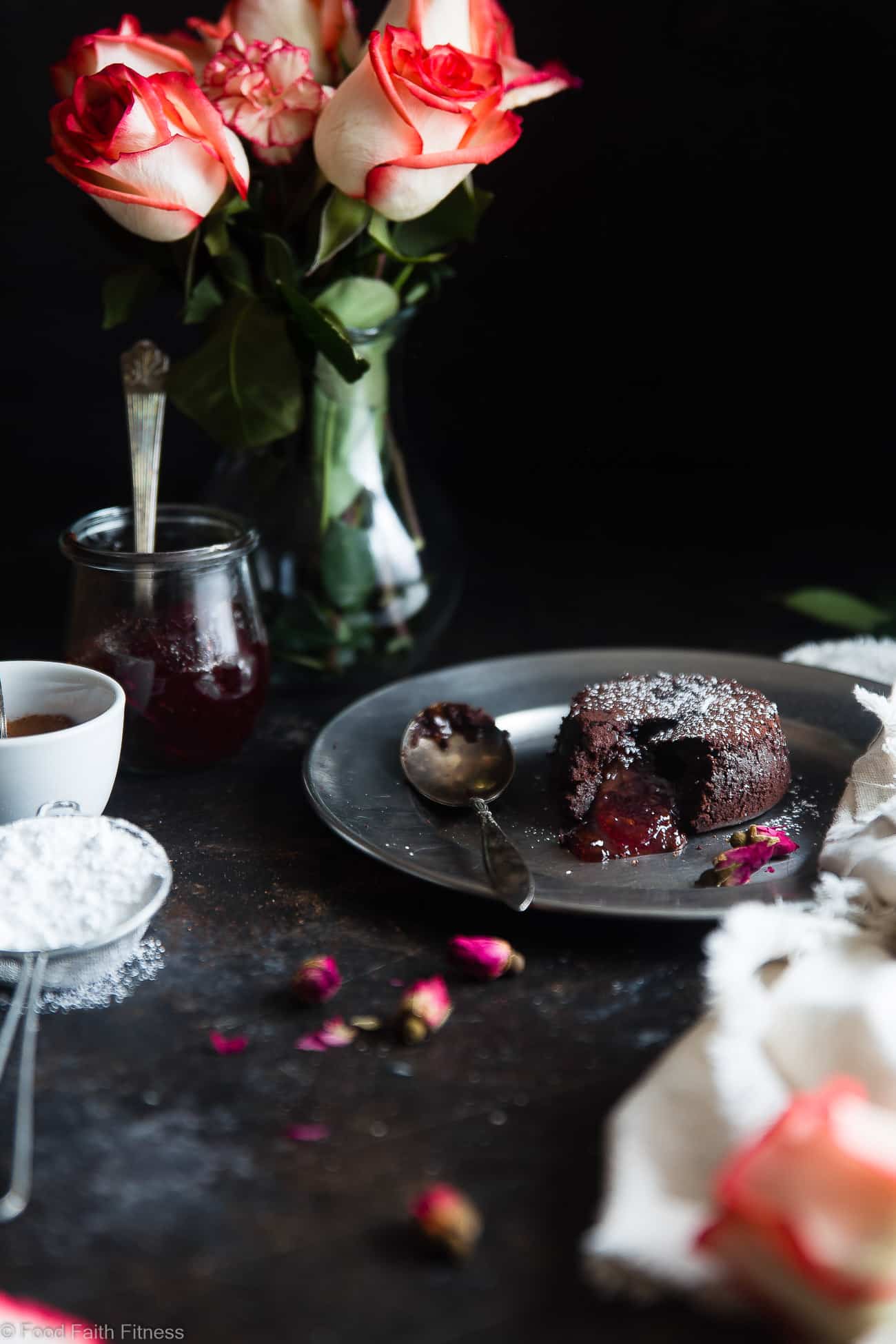 Gluten Free Chocolate Strawberry Lava Cakes for Two - These ooey-gooey, rich and FUDGY lava cakes are a 15 minute dessert that feels SO fancy!  They're gluten/grain/dairy free and better for you too!  |  #Foodfaithfitness |  #Glutenfree #Lavacake #ValentinesDay #Strawberry #DairyFree