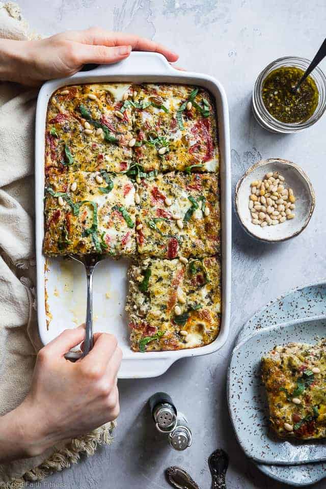 Low Carb Pesto Italian Sausage Breakfast Casserole - This easy, keto-friendly breakfast egg casserole is loaded with cheese and Italian flavors! A perfect, make-ahead breakfast or brunch that's gluten free and healthy! | #Foodfaithfitness | #Keto #Lowcarb #Glutenfree #Healthy #Breakfast