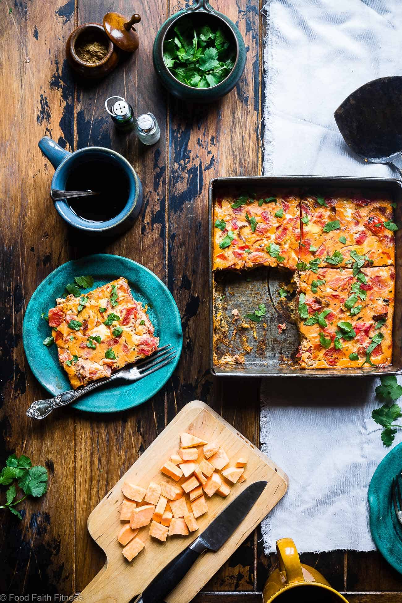 Healthy Gluten Free Paleo Egg Casserole - This healthy, gluten free,  paleo breakfast casserole is an easy breakfast or brunch with a little taste of the Middle East!  Grain/dairy/sugar free and only 200 calories a serving! | #Foodfaithfitness | #whole30 #paleo #glutenfree #healthy #breakfast