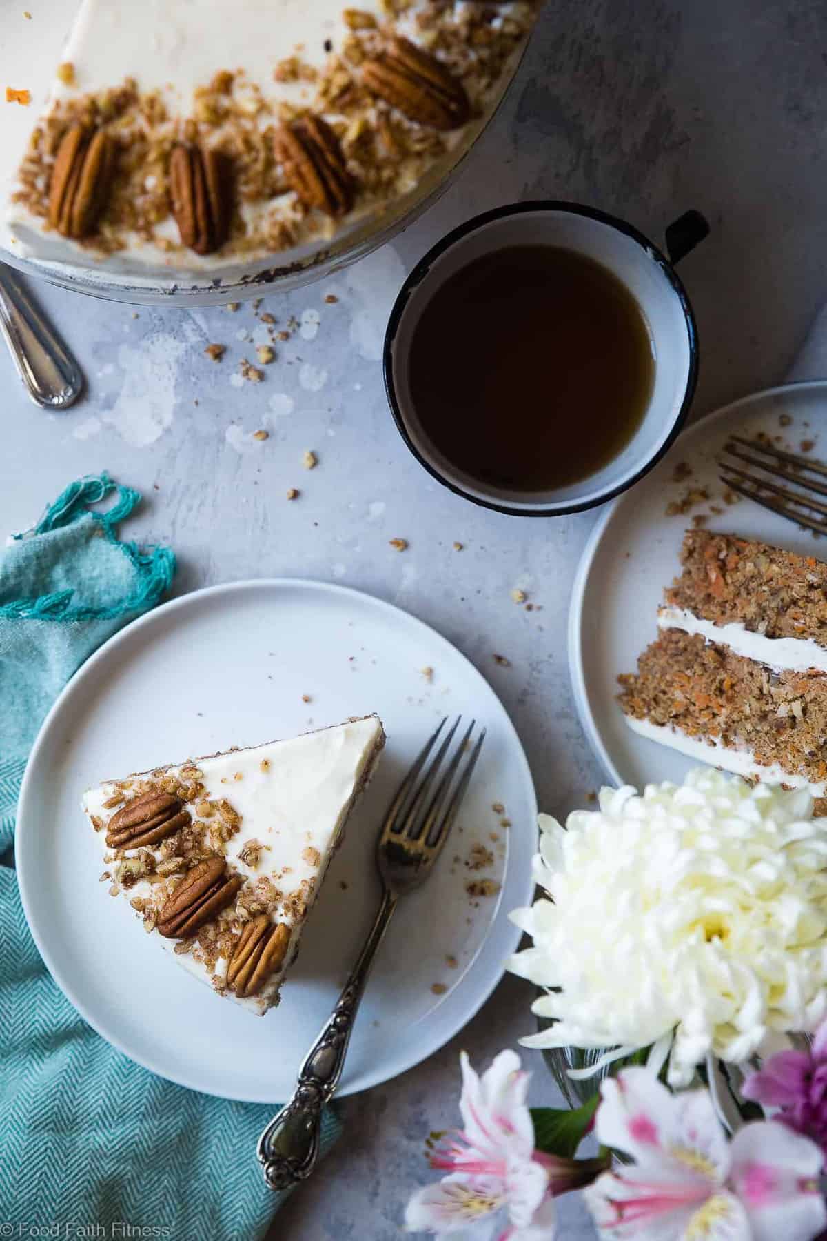 Healthy Gluten Free Sugar Free Carrot Cake - this healthy, sugar free carrot cake is SO moist and tender, you'll never know it's gluten, oil and butter free, made with Greek yogurt, only 170 calories and 5 WW Freestyle points! Perfect for Easter! | #Foodfaithfitness | #Lowcarb #sugarfree #glutenfree #carrotcake #easter