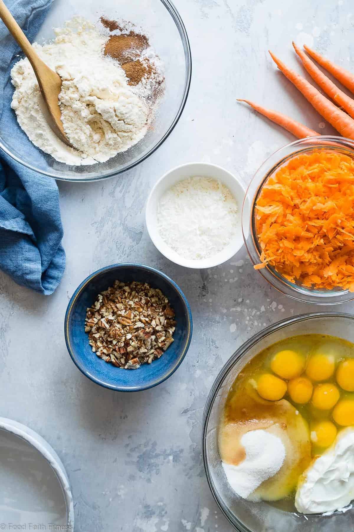 Healthy Gluten Free Sugar Free Carrot Cake - this healthy, sugar free carrot cake is SO moist and tender, you'll never know it's gluten, oil and butter free, made with Greek yogurt, only 170 calories and 5 WW Freestyle points! Perfect for Easter! | #Foodfaithfitness | #Lowcarb #sugarfree #glutenfree #carrotcake #easter