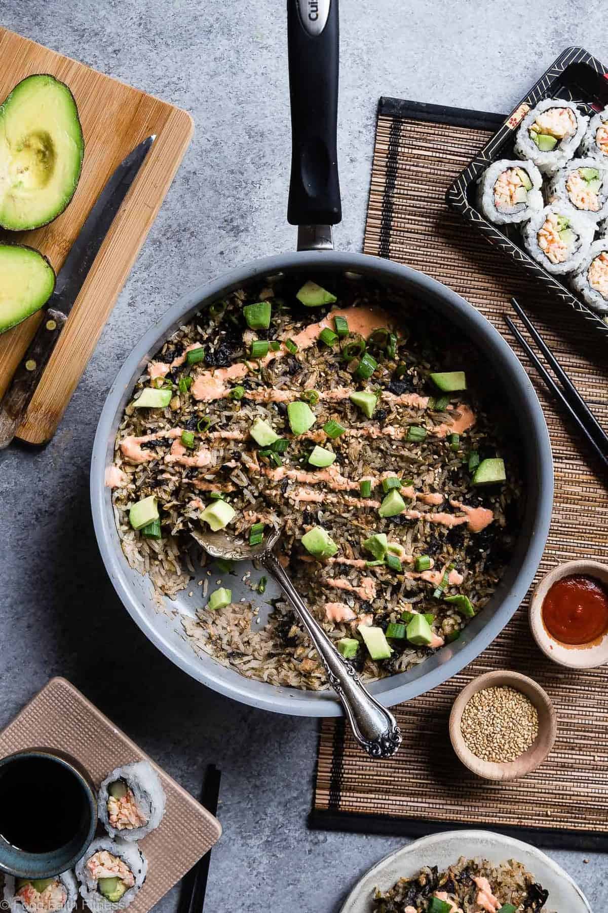 One Pot Spicy Tuna Rice Casserole - This easy, one-pot casserole tastes like a sushi roll, in a healthy, gluten free weeknight dinner form, with no messing rolling required! A crowd-pleasing meal that only requires on dish! | #Foodfaithfitness | #Glutenfree #Healthy #Casserole #Onepot